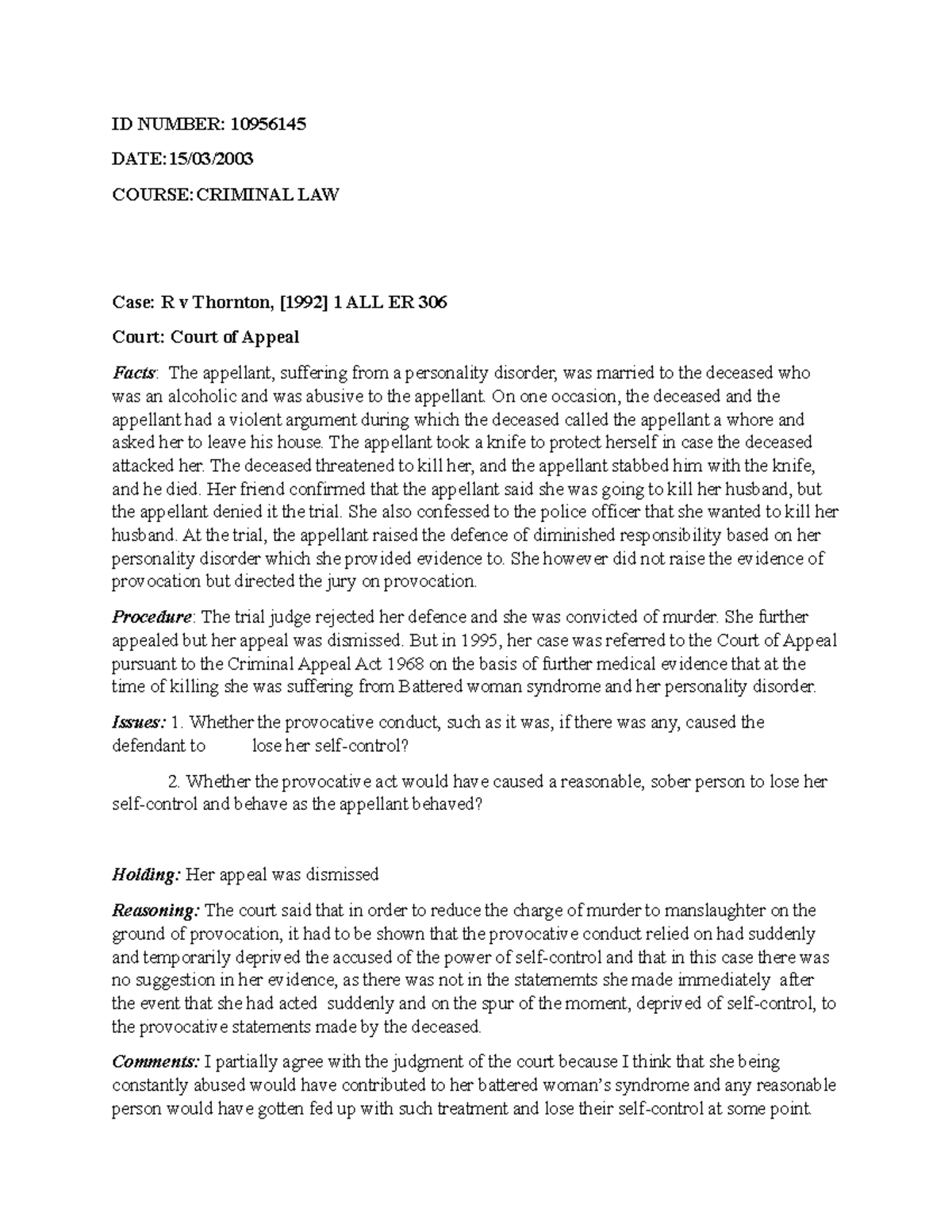 Criminal Law Assignment: Case Analyses and Provocation Defenses - Studocu