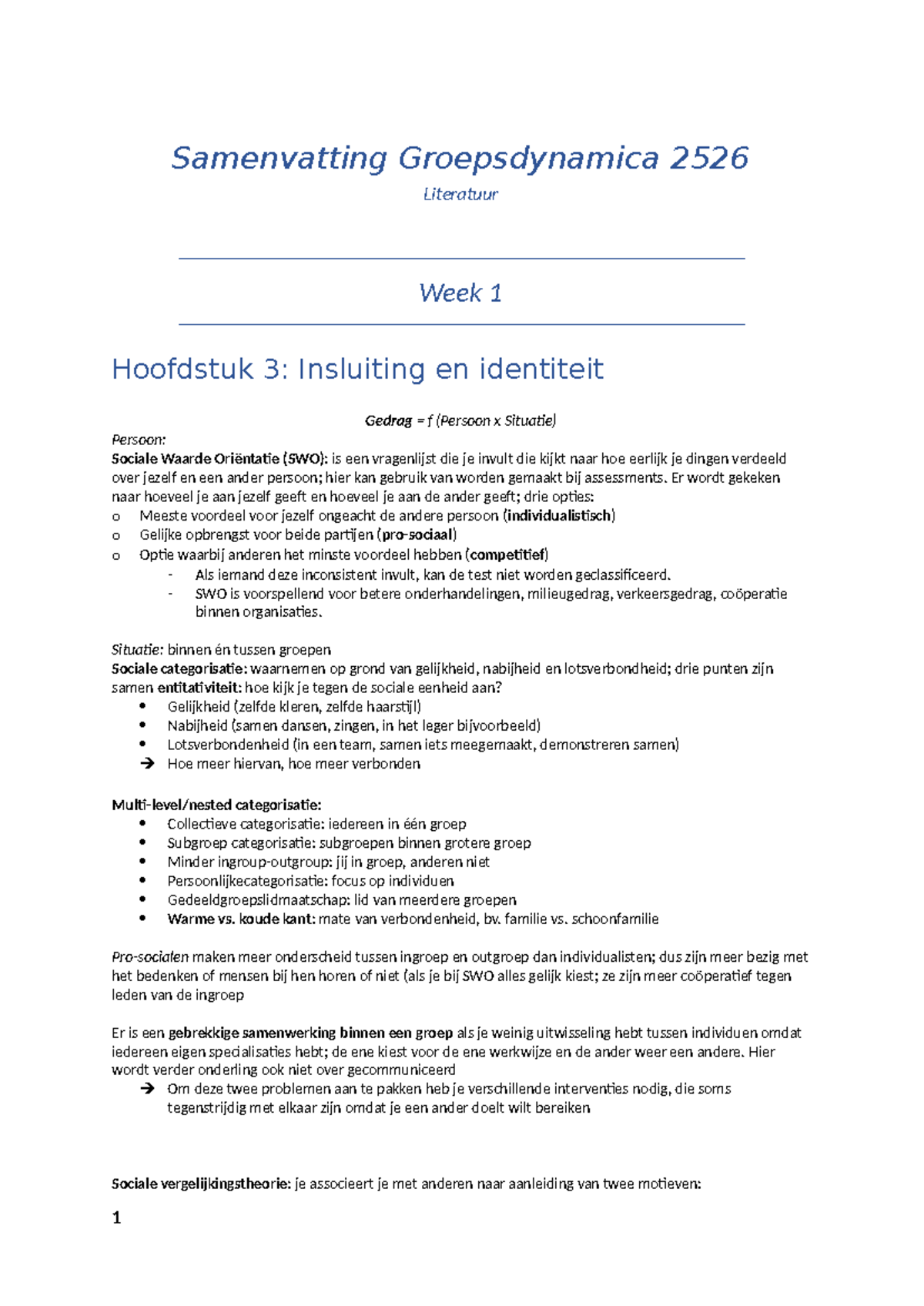Samenvatting Groepsdynamica 2526 Week 1-7: Insluiting, Identiteit en ...