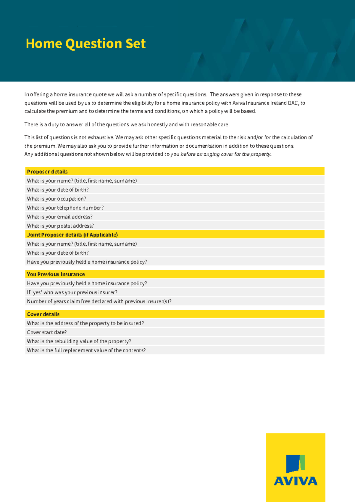 Home insurance question set for Aviva Insurance Ireland DAC - Studocu