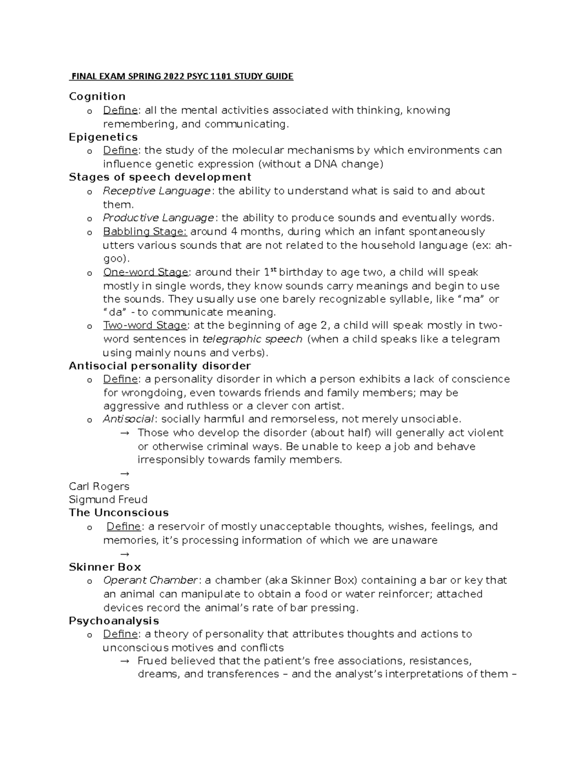 PSYC 1101 Spring 2022 Final Exam Comprehensive Study Guide - Studocu