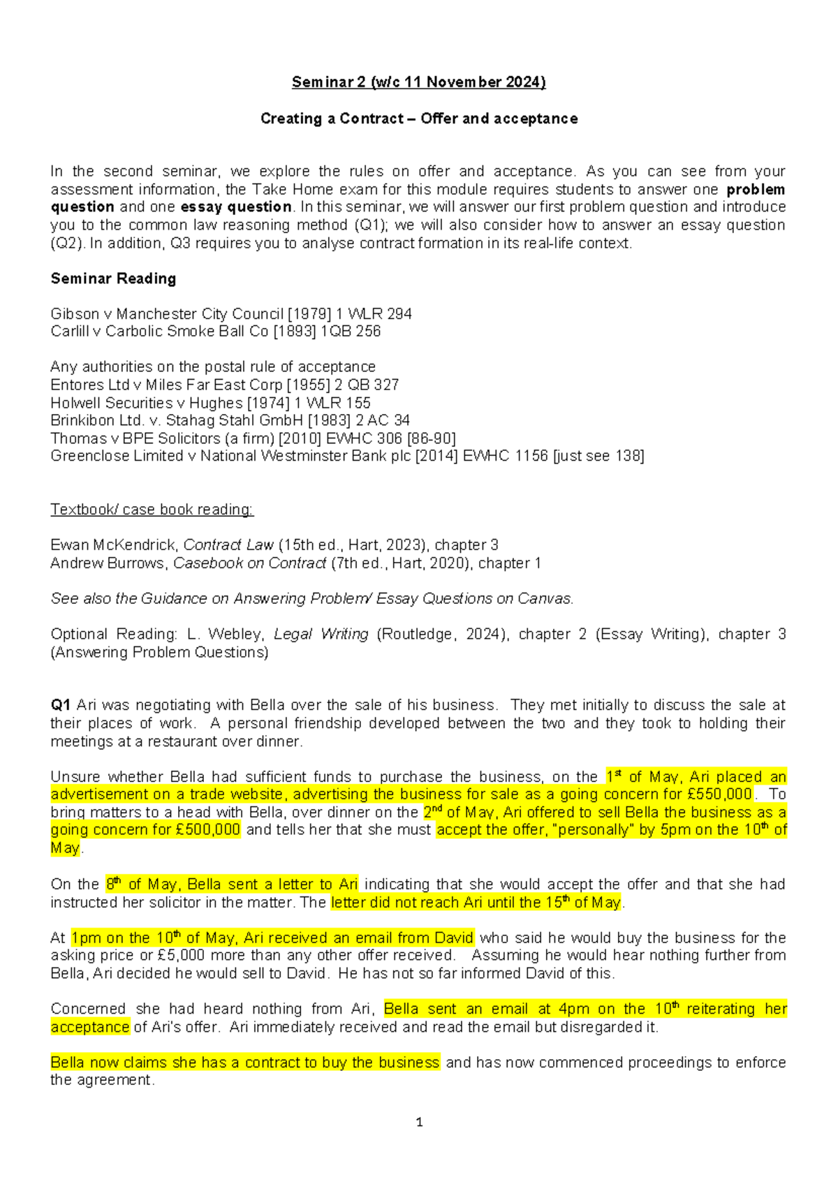 Contract Law - Seminar 2: Offer and Acceptance Analysis - Studocu