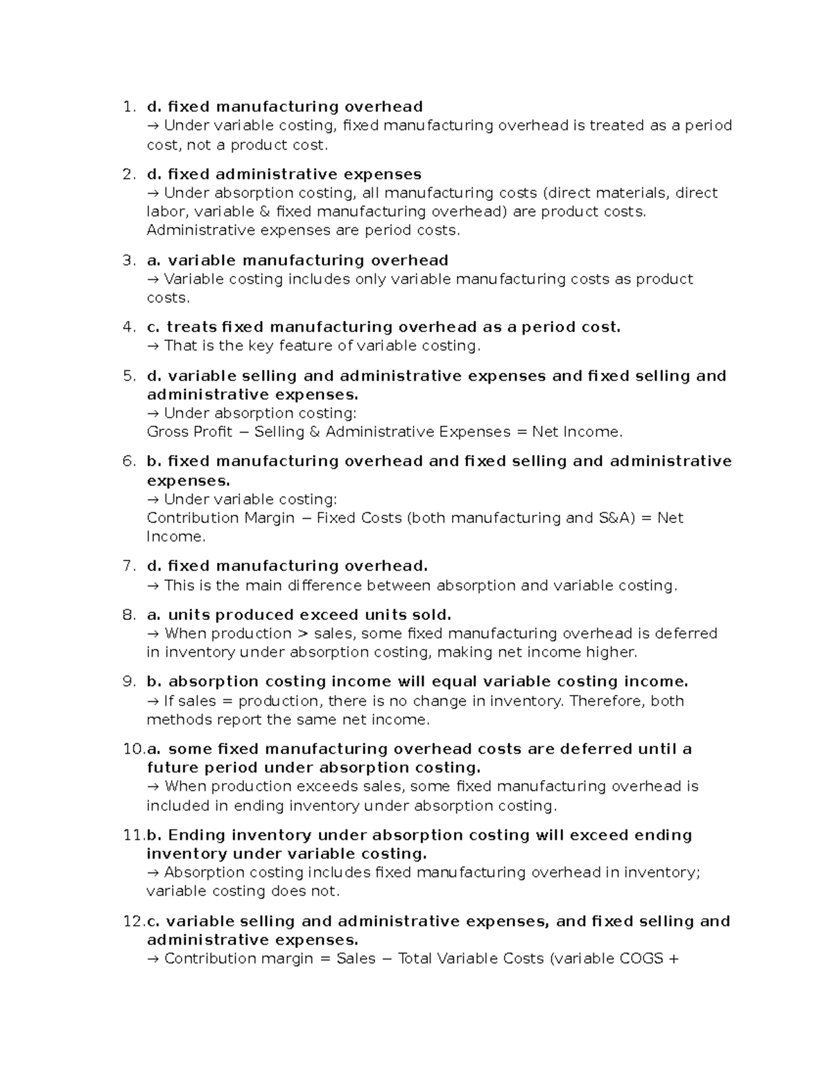 Chapter 3 MCQ - SCM (Fixed vs. Variable Costing) Answer Key - Studocu