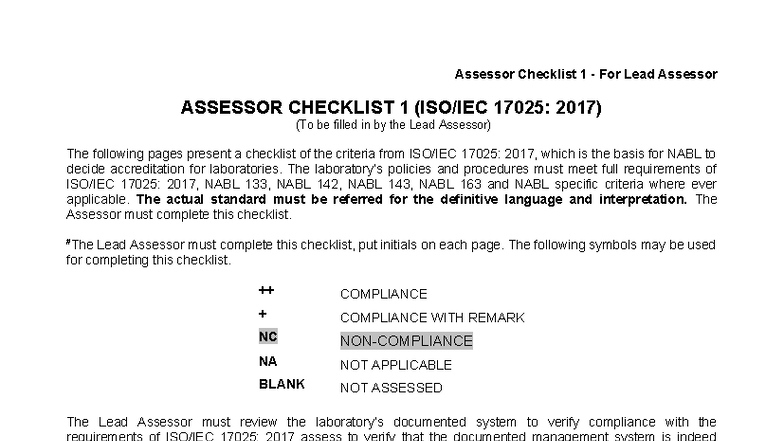 Lead Assessor Checklist for NABL 17025:2017 Compliance - Studocu