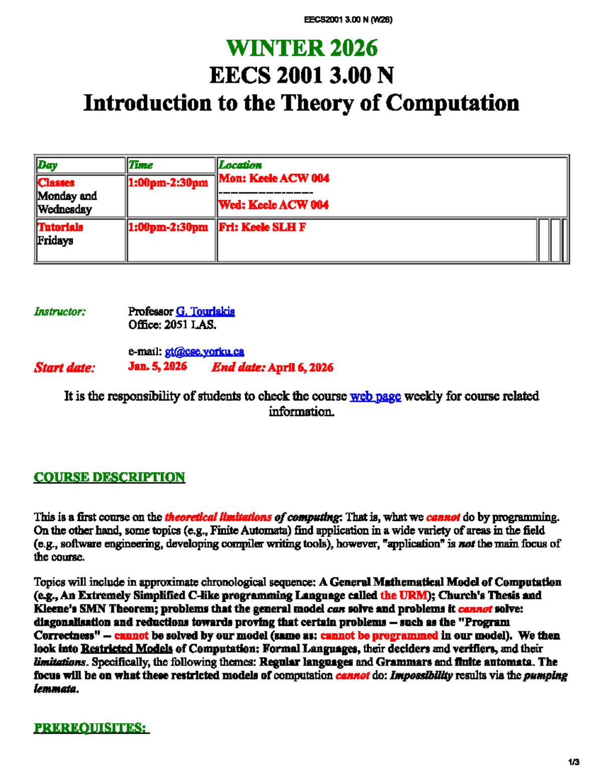 EECS2001 3.00 N (W26) Winter 2026 Syllabus: Theory of Computation - Studocu
