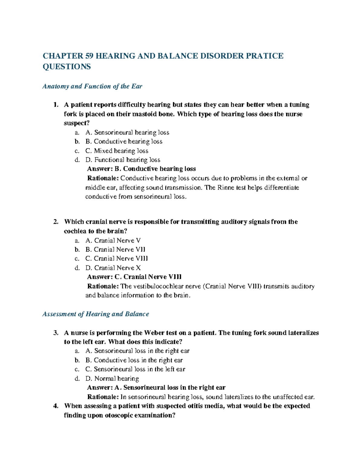 CH59 Hearing & Balance Disorders: 59 Practice Questions for Review ...