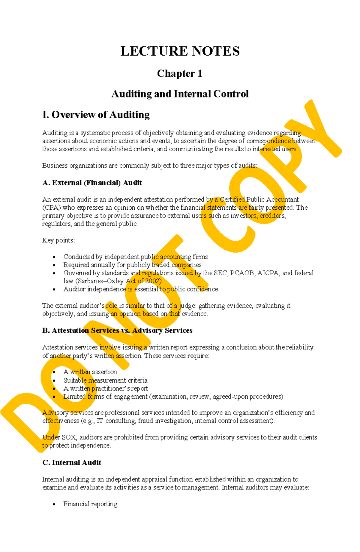 LECTURE NOTES ACCT 101: Chapter 1 - Auditing & Internal Control ...
