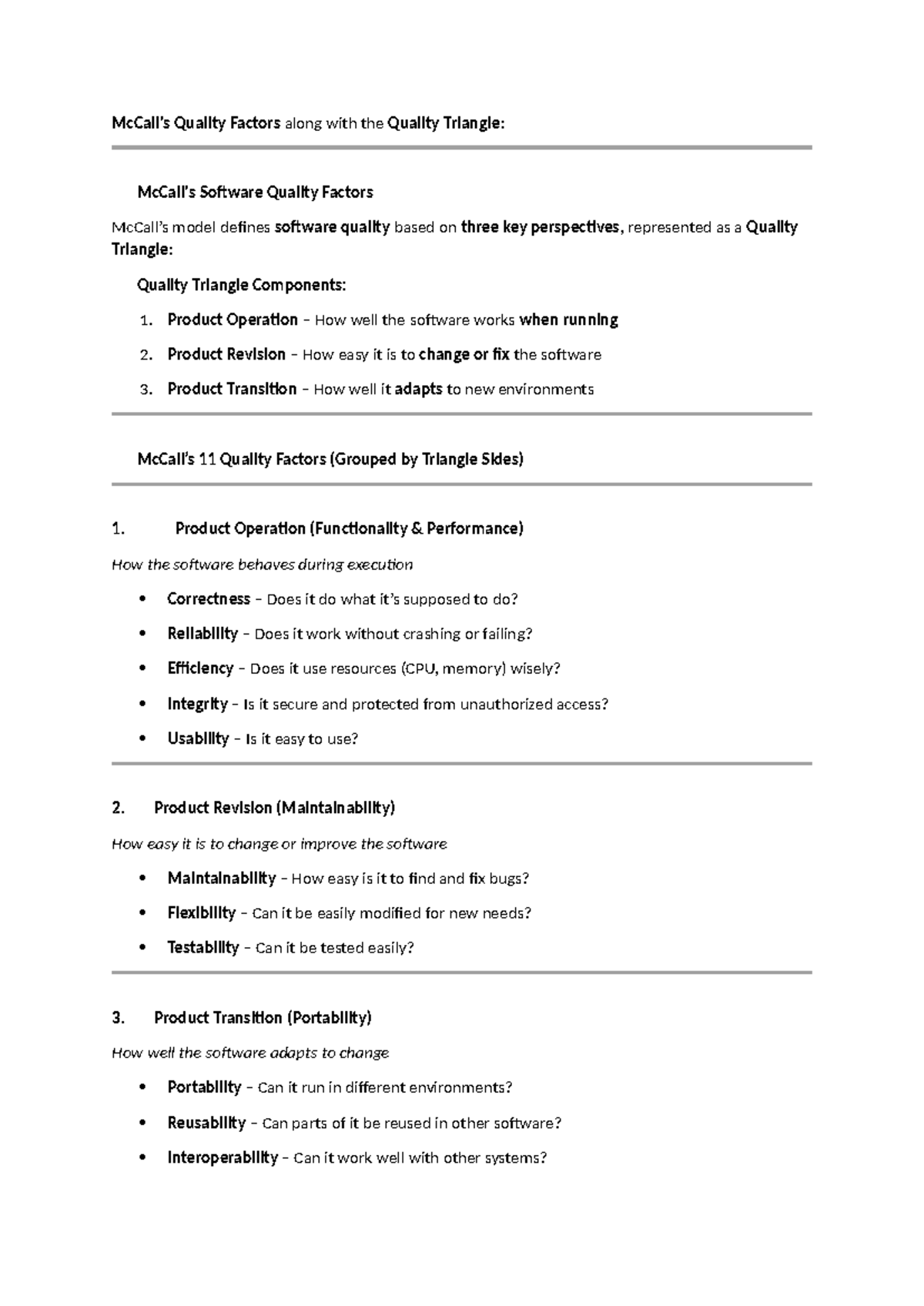Quality Factors & Quality Triangle: McCall Model Overview - Studocu