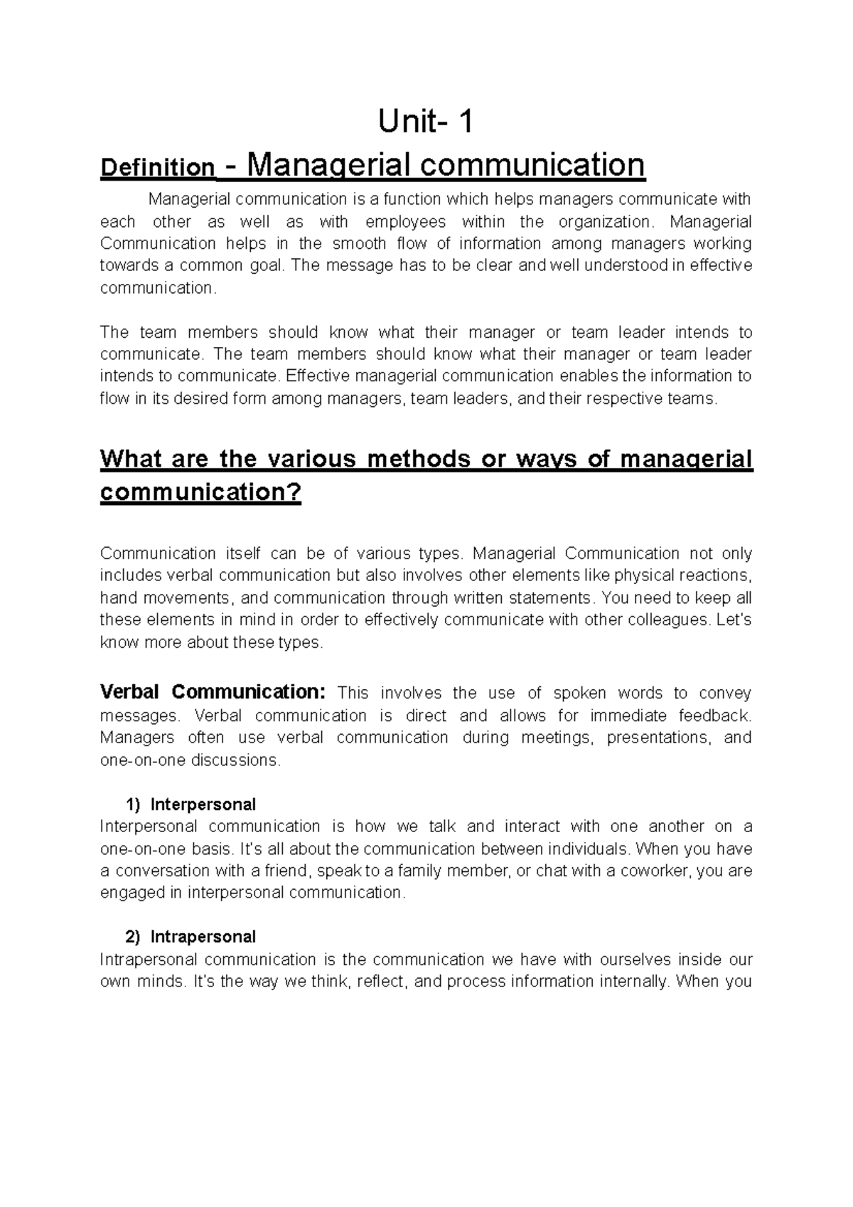 Managerial Communication Notes - Units 1 to 5 Overview - Document Preview