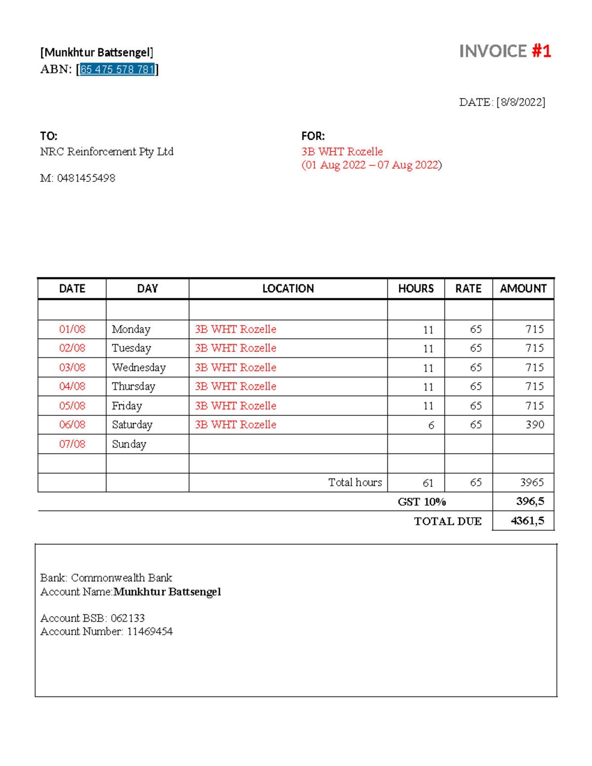Services invoice with hours and rate - [Munkhtur Battsengel] ABN: [65 ...