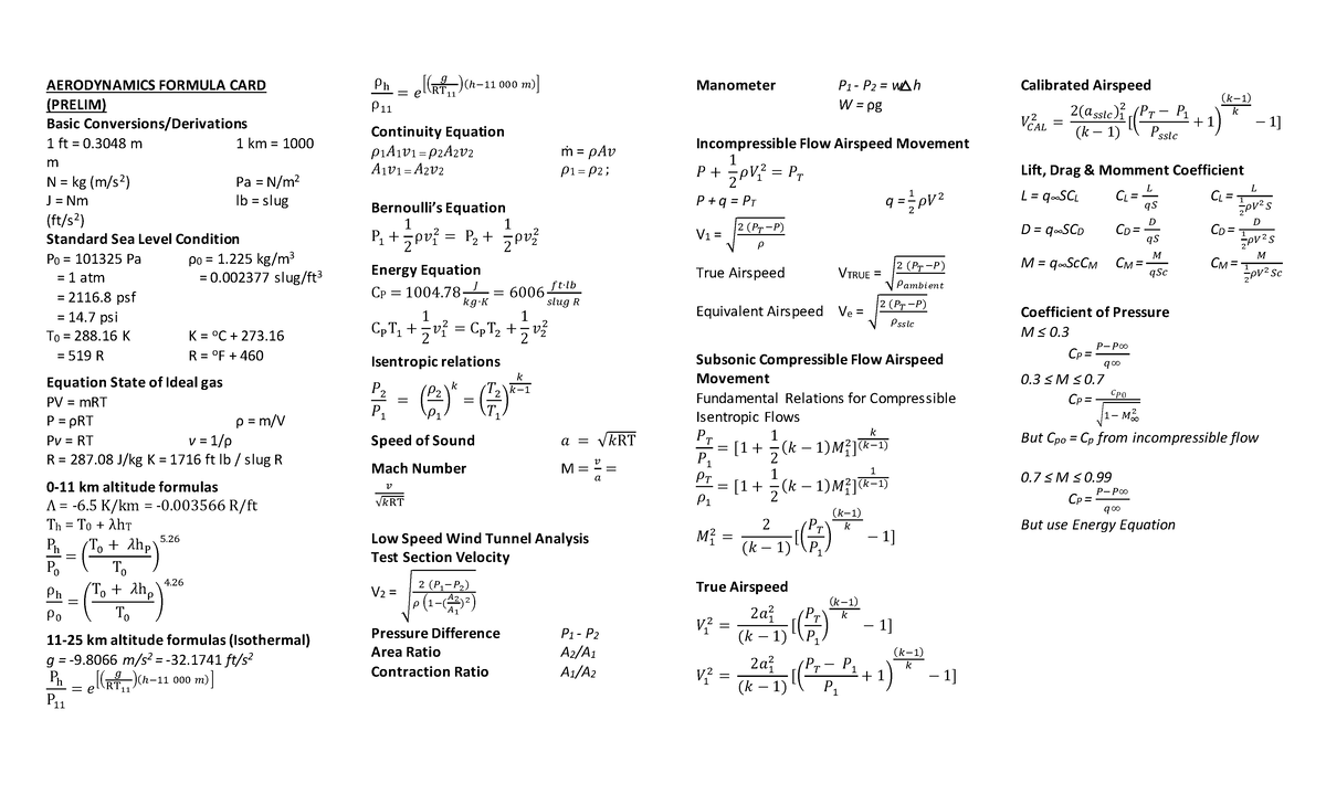 Aerodynamics Formula Card - Prelim Midterm Review Guide - Studocu