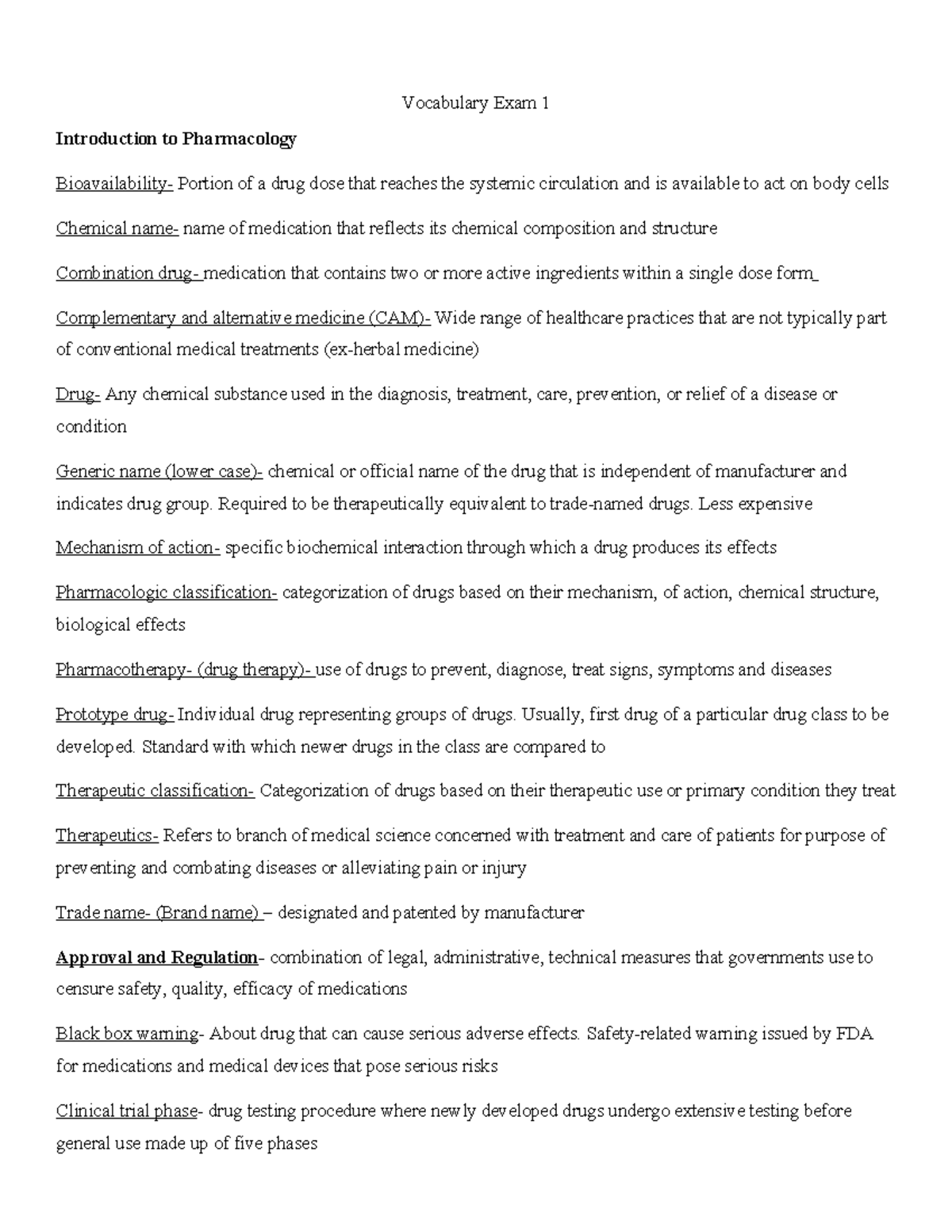Pharm 101: Vocabulary Exam 1 Study Notes on Pharmacology Concepts - Studocu