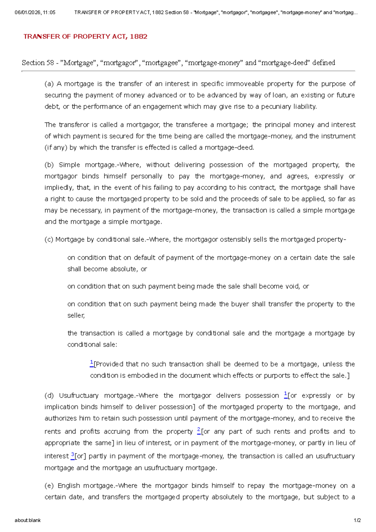 Transfer of Property Act, 1882: Section 58 - Mortgage Definitions - Studocu