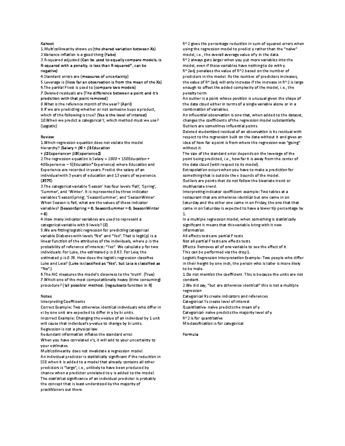 BAS Final Exam Cheat Sheet: Key Concepts in Regression Analysis - Studocu