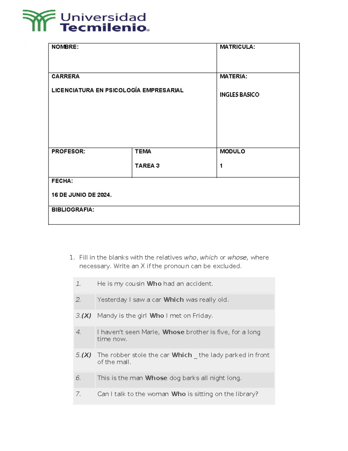 Homework 3 de la materia ingles básico, de la universidad Tecmilenio ...
