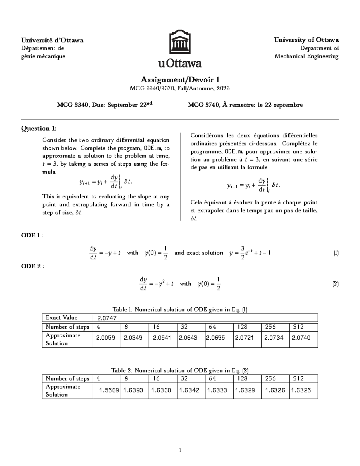 MCG 3340/3370 Assignment 01 Solutions - Fall 2023 - Studocu