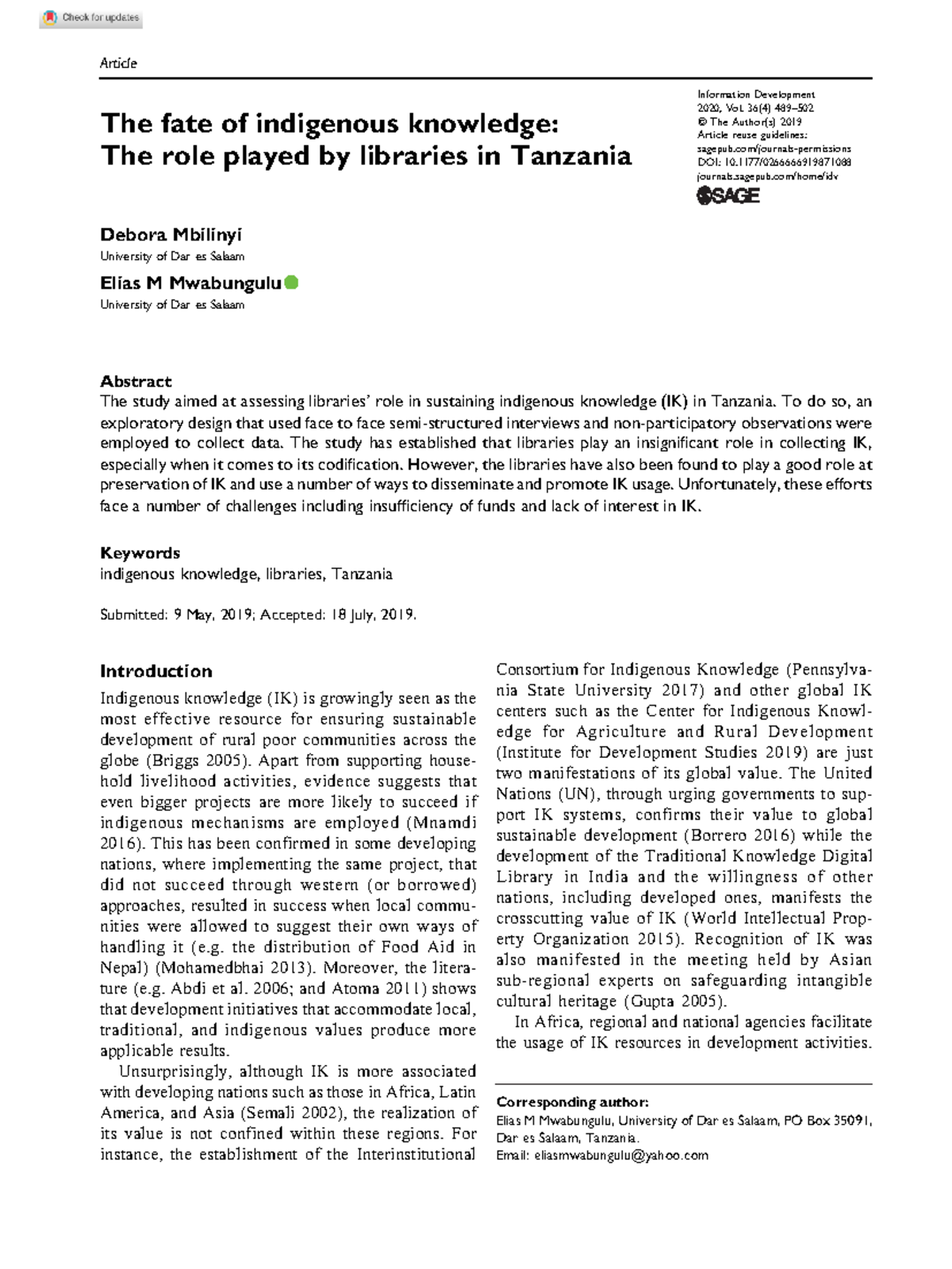 The Role of Libraries in Sustaining Indigenous Knowledge in Tanzania: A ...
