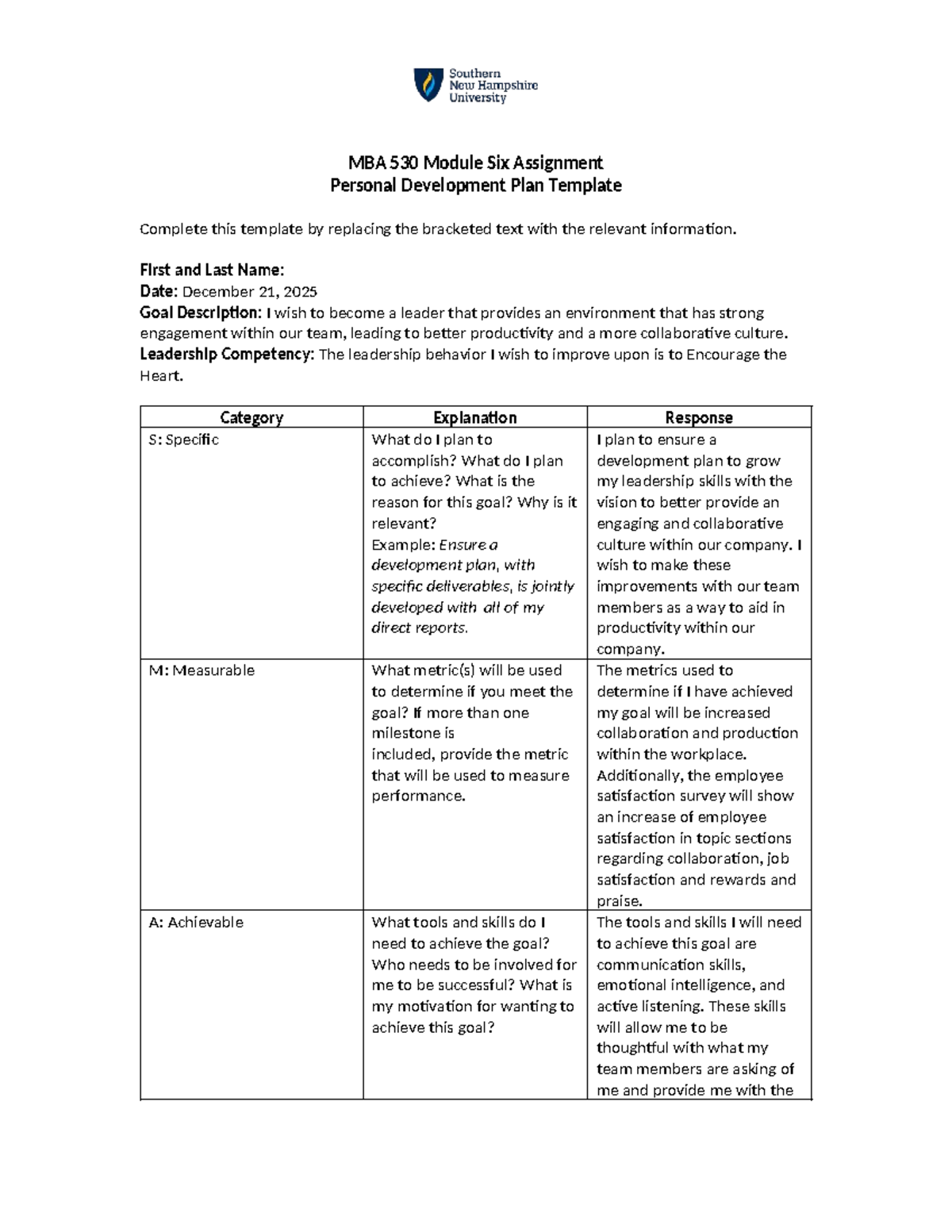 MBA 530 Module 6 Personal Development Plan Assignment - Studocu