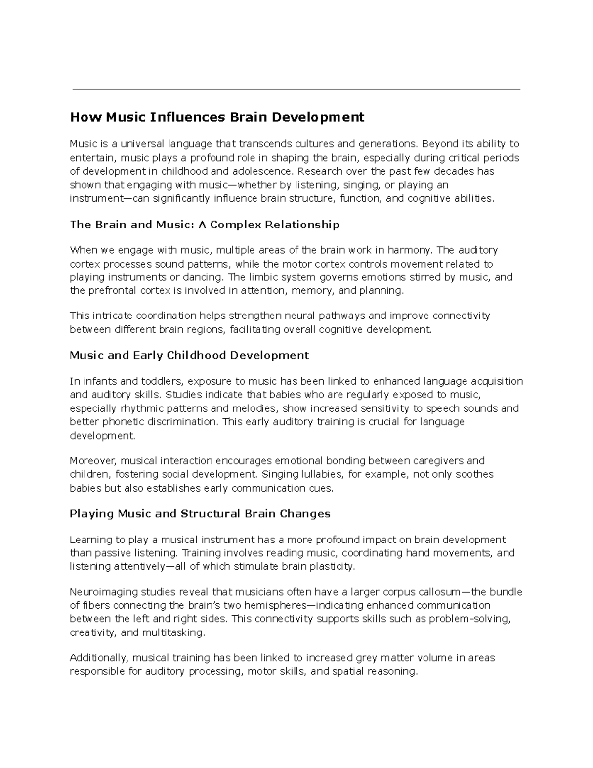 The Impact of Music on Brain Development: A Comprehensive Study - Studocu