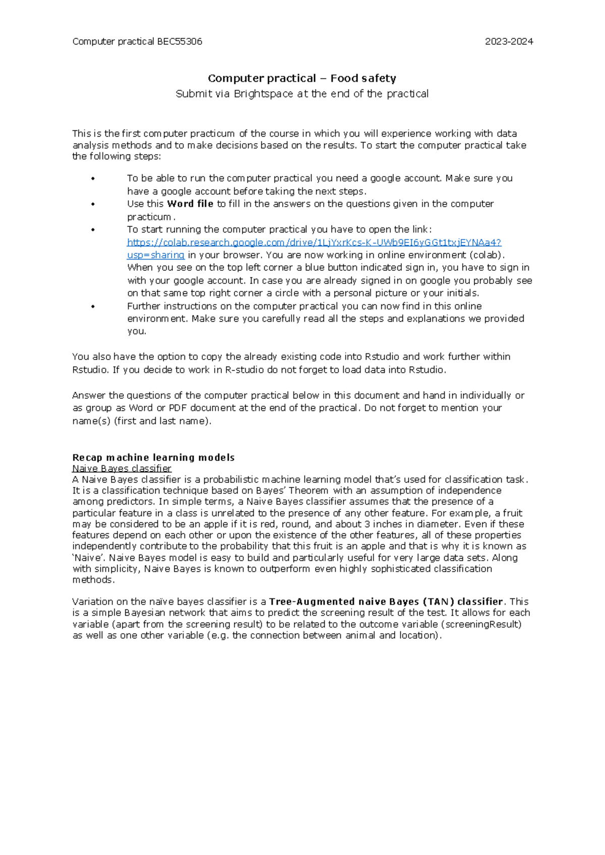 Computer Practical 6.1: Food Safety Methods & Analysis (2023-2024 ...