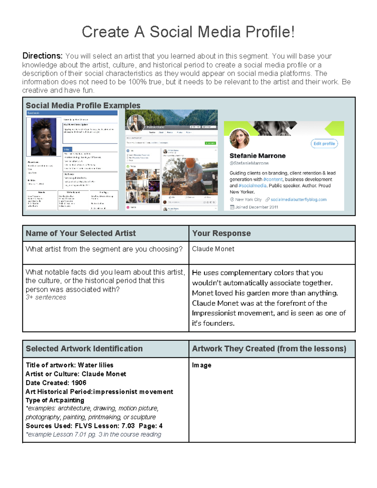 7.05 Social Media Profile Project: Artist Claude Monet - Studocu