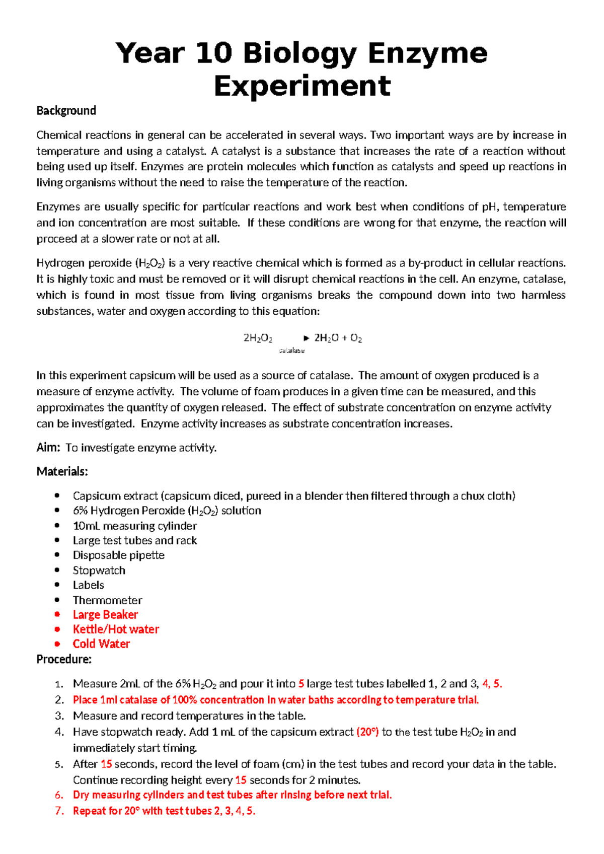 PRAC - Year 10 Biology Enzyme Experiment: Catalase Activity Analysis ...