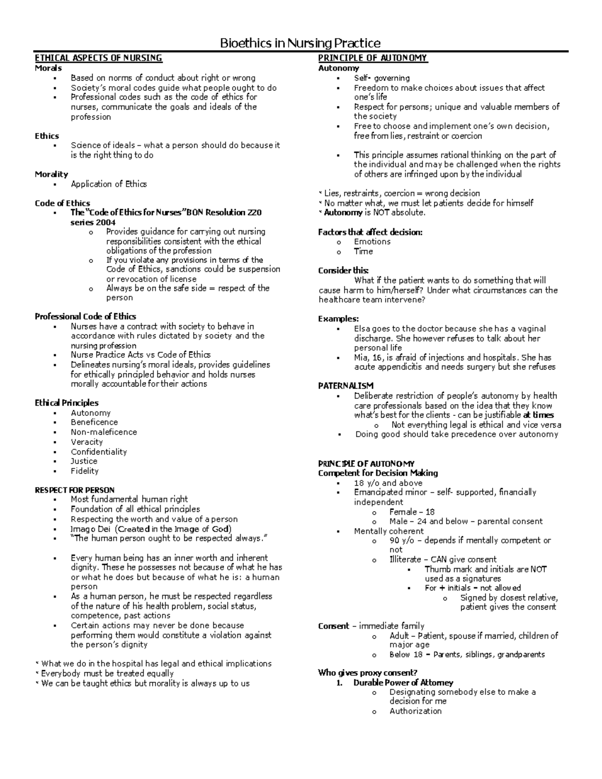 Bioethics in Nursing Practice: Lecture Notes Overview - Studocu