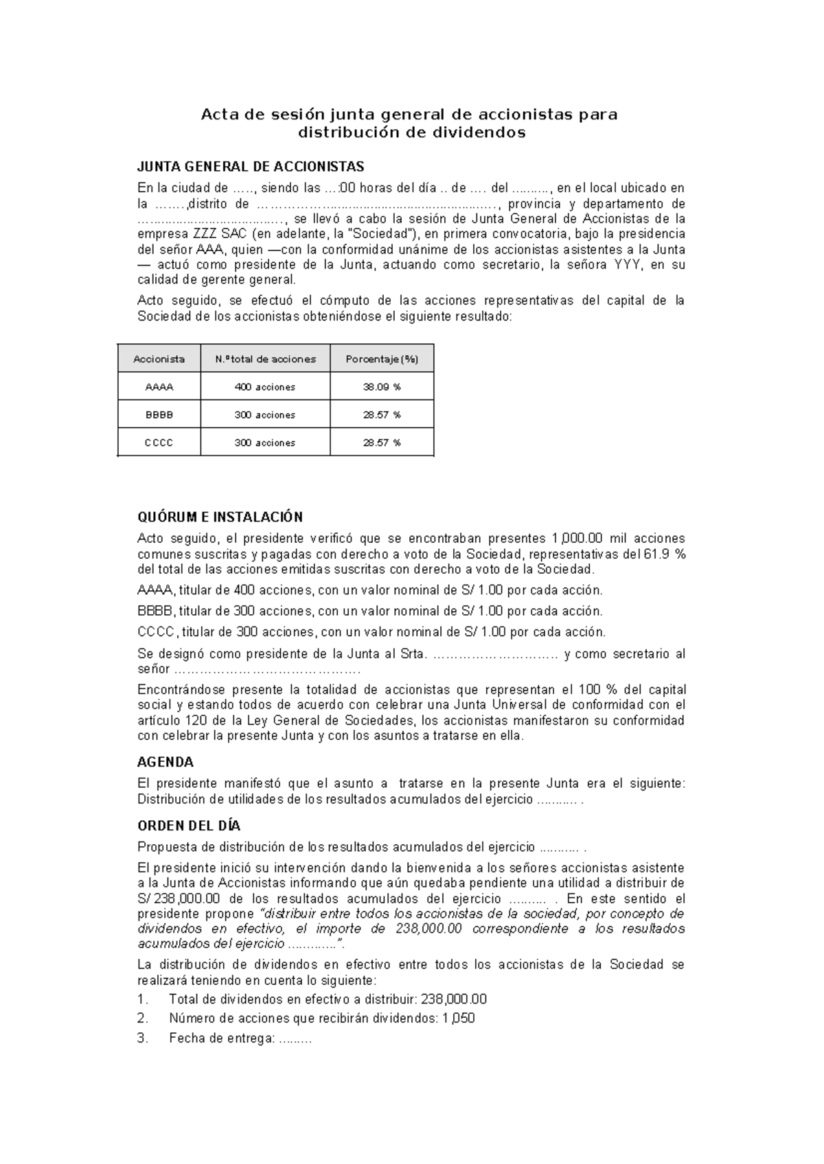 Acta de Junta General de Accionistas para Distribución de Dividendos - Document Preview