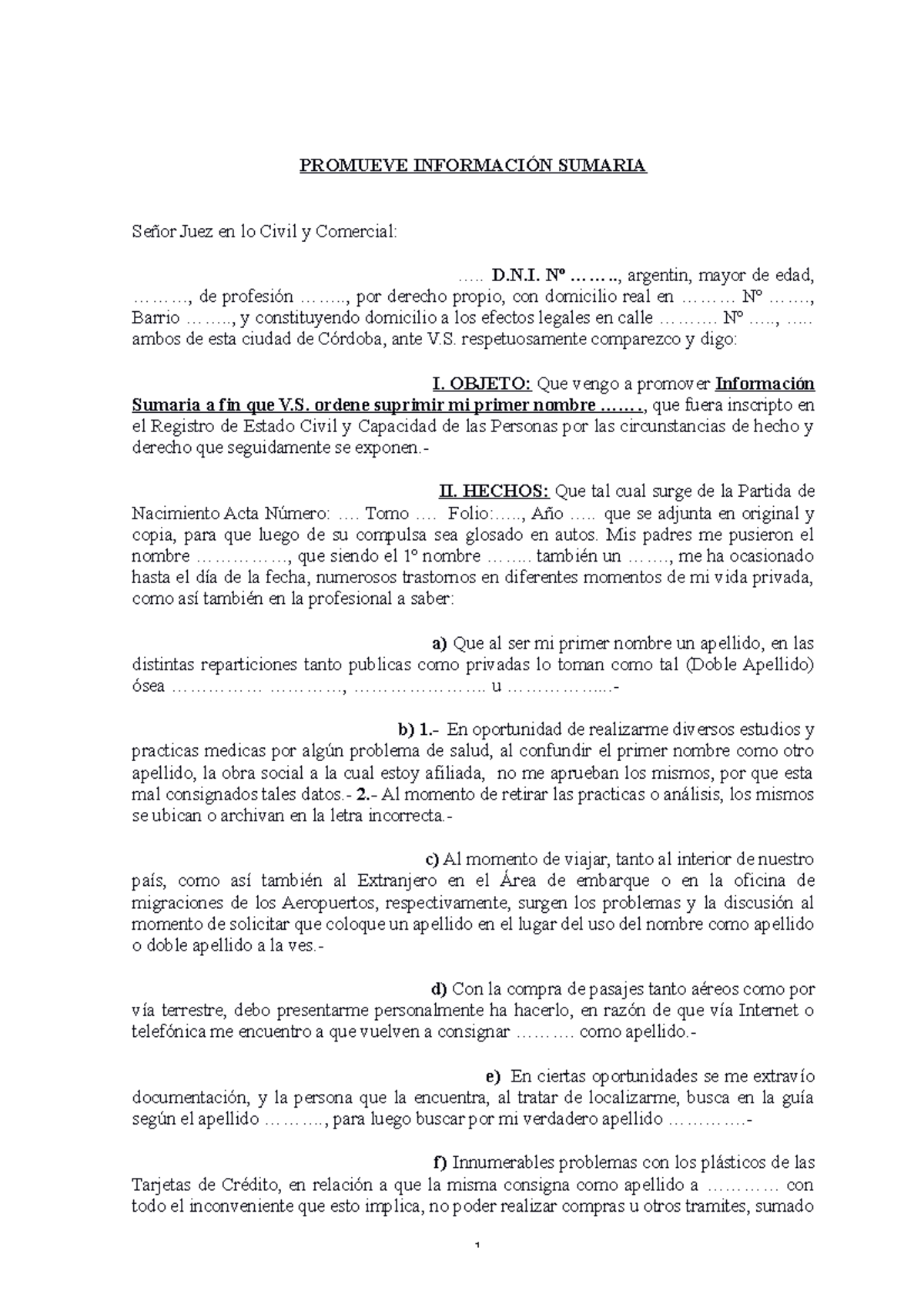 Promueve Información Sumaria para Supresión de Nombre - D.N.I. - Studocu
