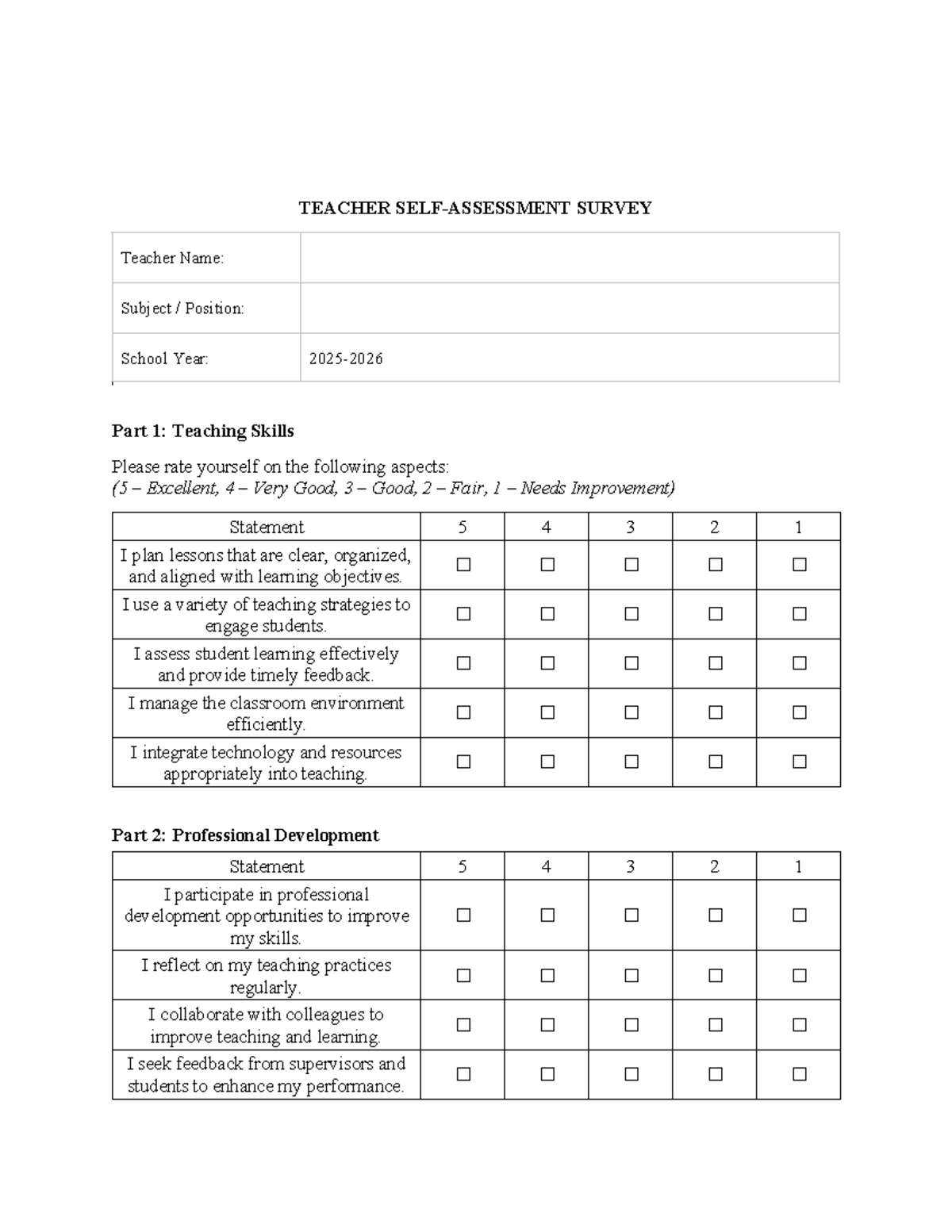 Teacher Self-Assessment Survey: Skills & Development Evaluation - Studocu