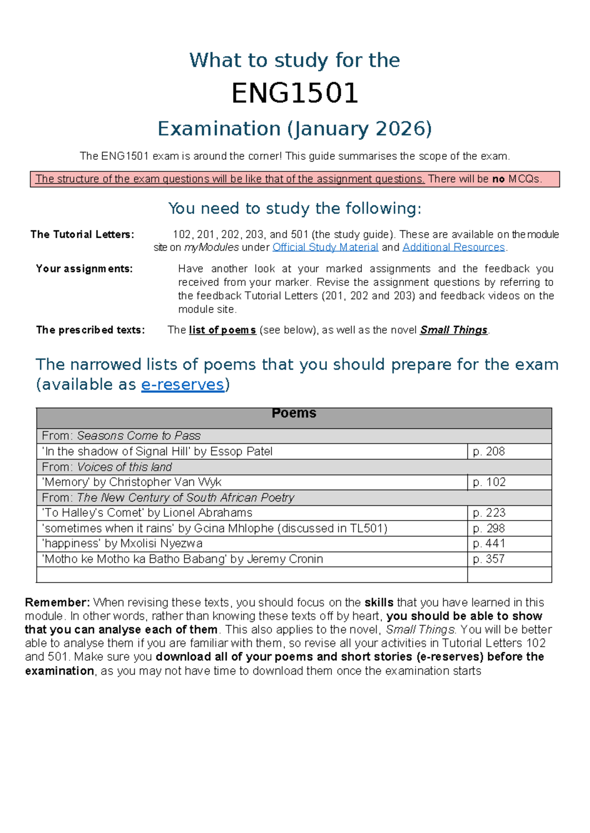 ENG1501 Final Exam Study Guide for January 2026 - Studocu