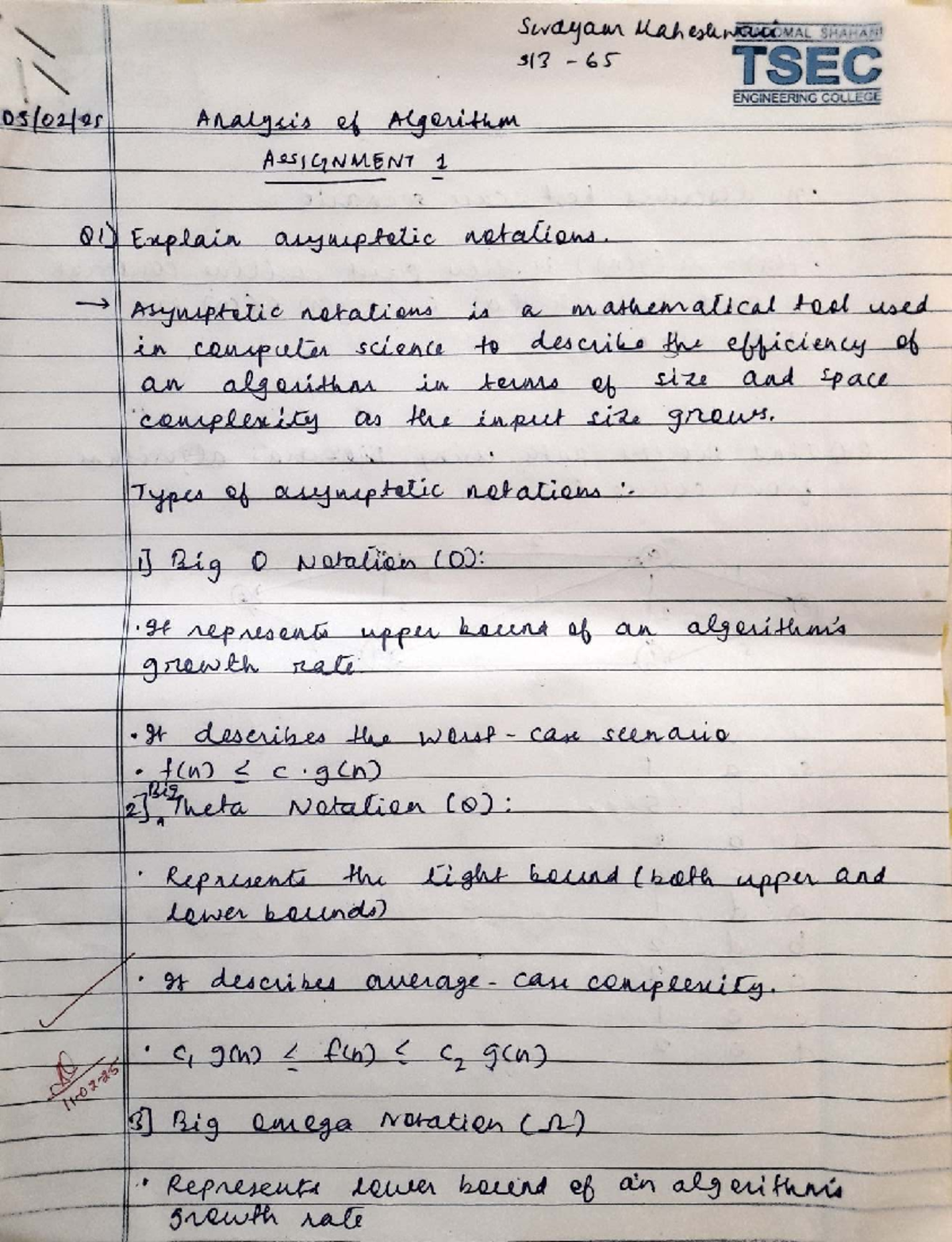 AOA 313: Analysis of Algorithms - Assignment 1 Notes - Studocu