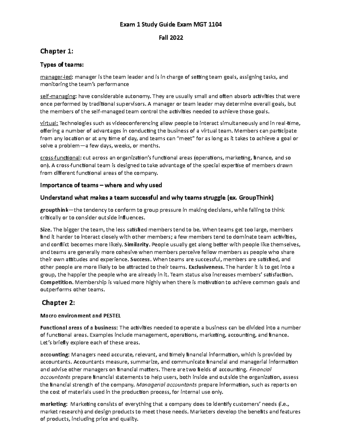 Exam 1 Study Guide for MGT 1104 - Fall 2022: Key Concepts & Teams - Studocu