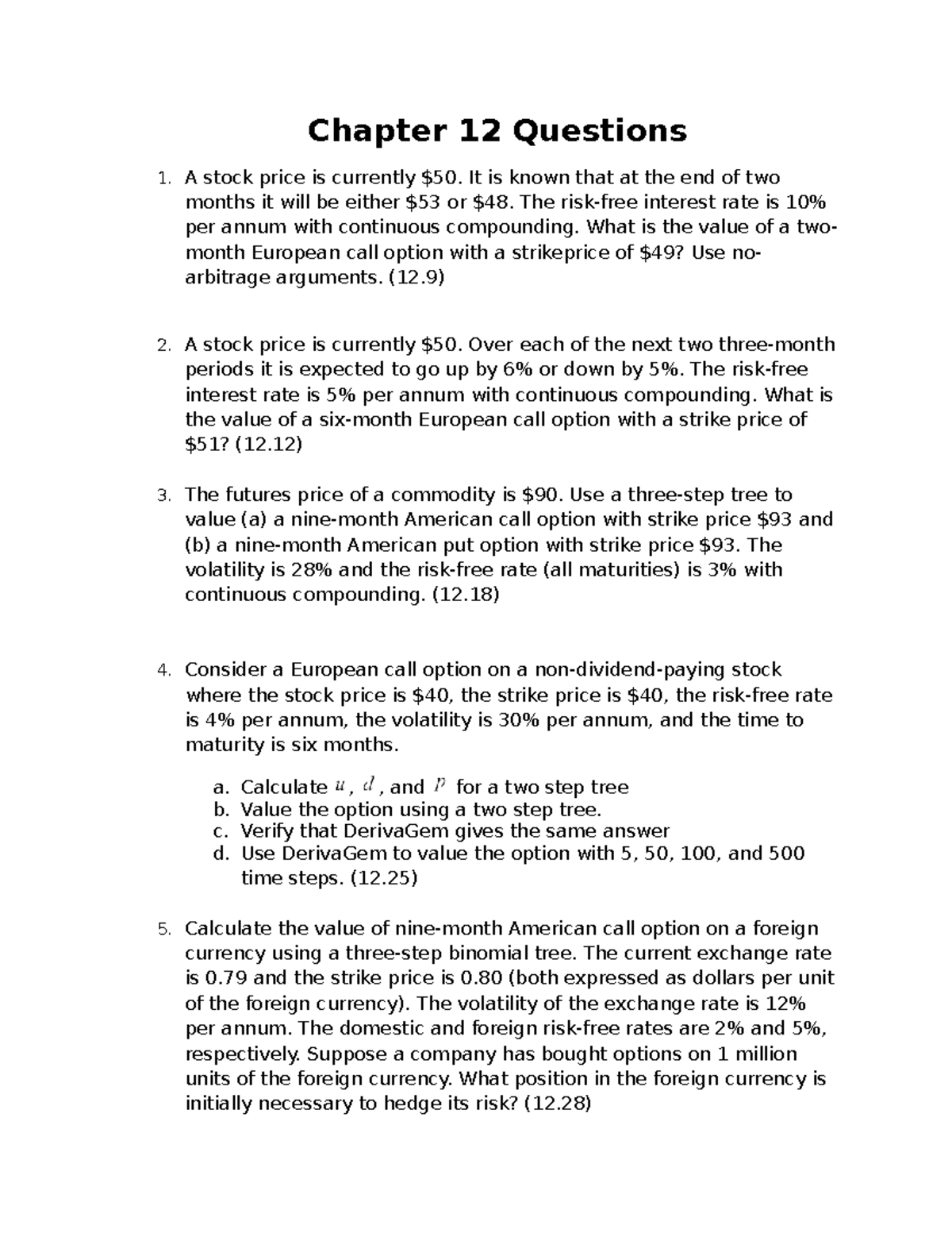 Chapter 12: Options Valuation Questions and Solutions (FIN 301) - Studocu