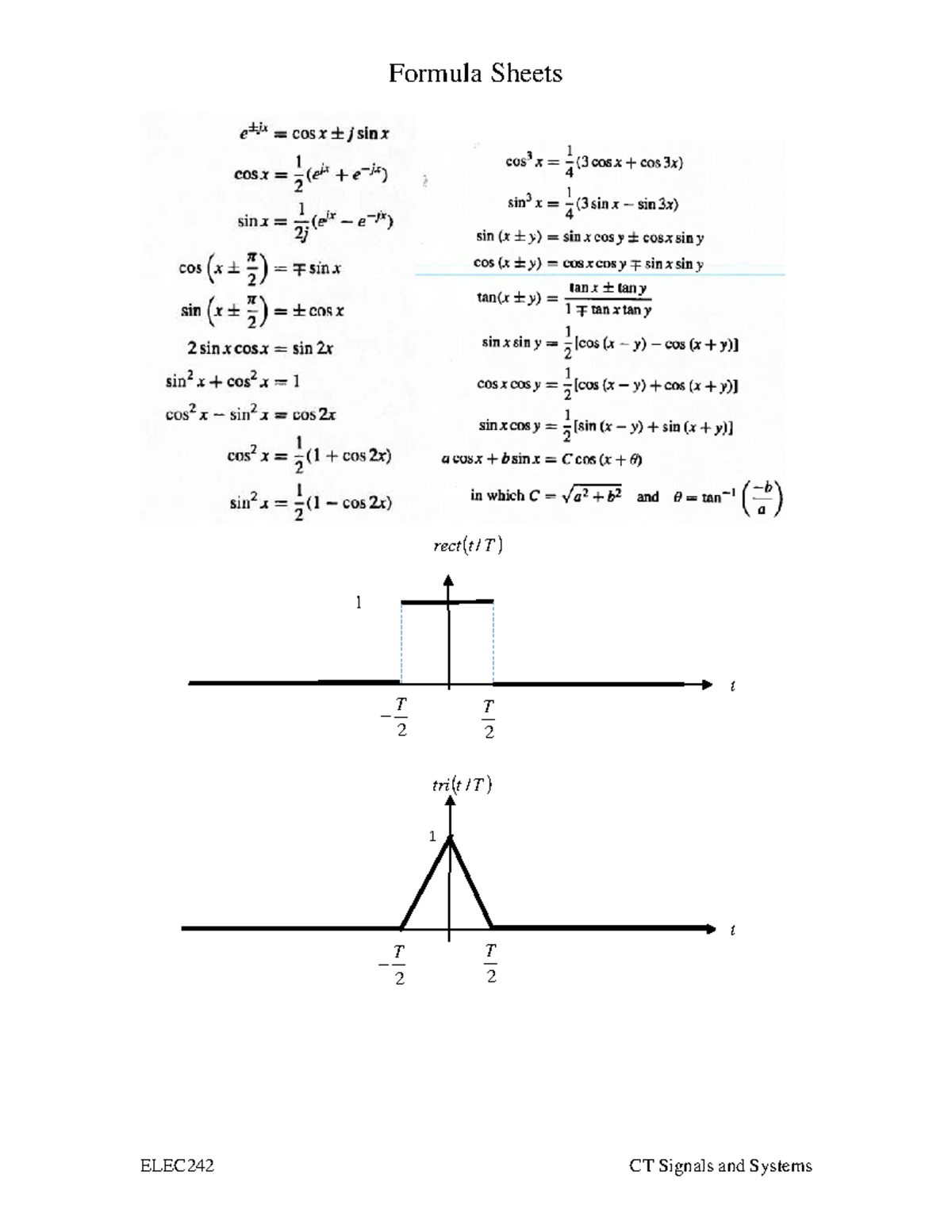 ELEC242 Final Exam Formula Sheet for Signals and Systems W26 - Studocu