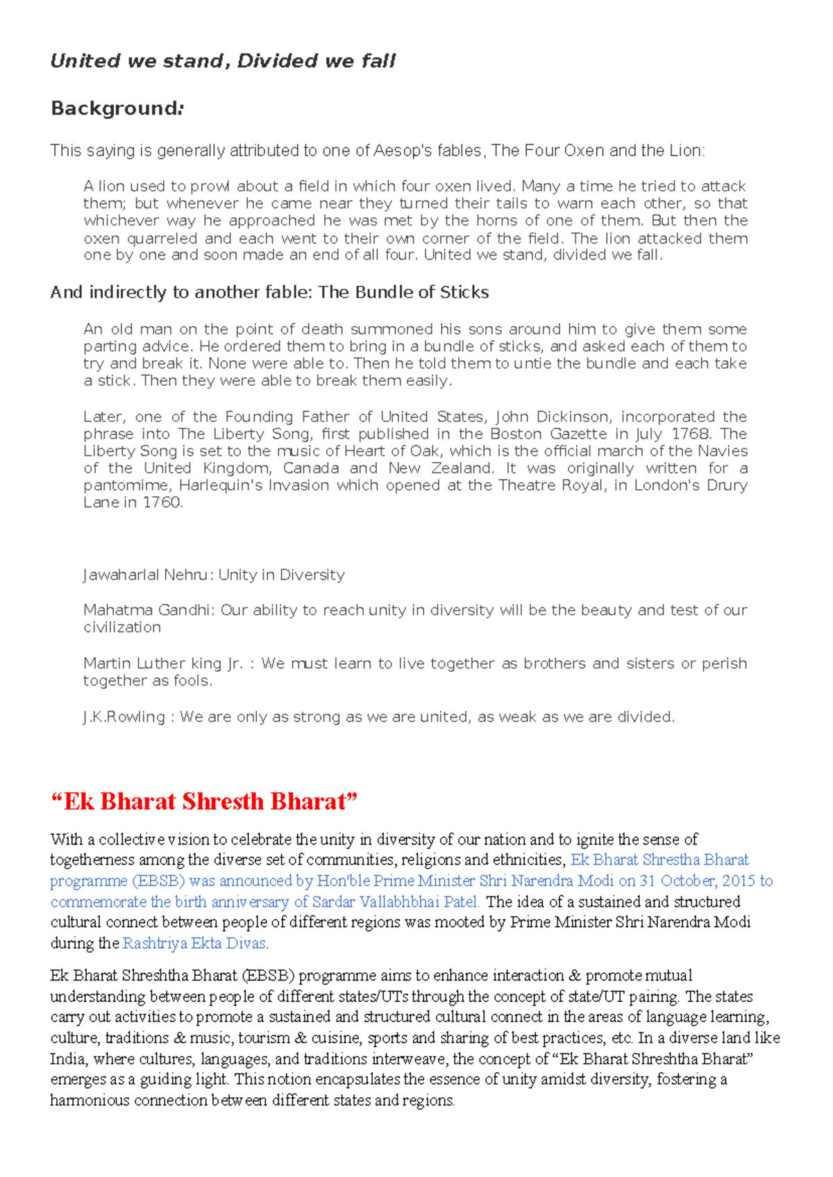 Ek Bharat Shreshtha Bharat: Unity in Diversity Program Overview - Studocu