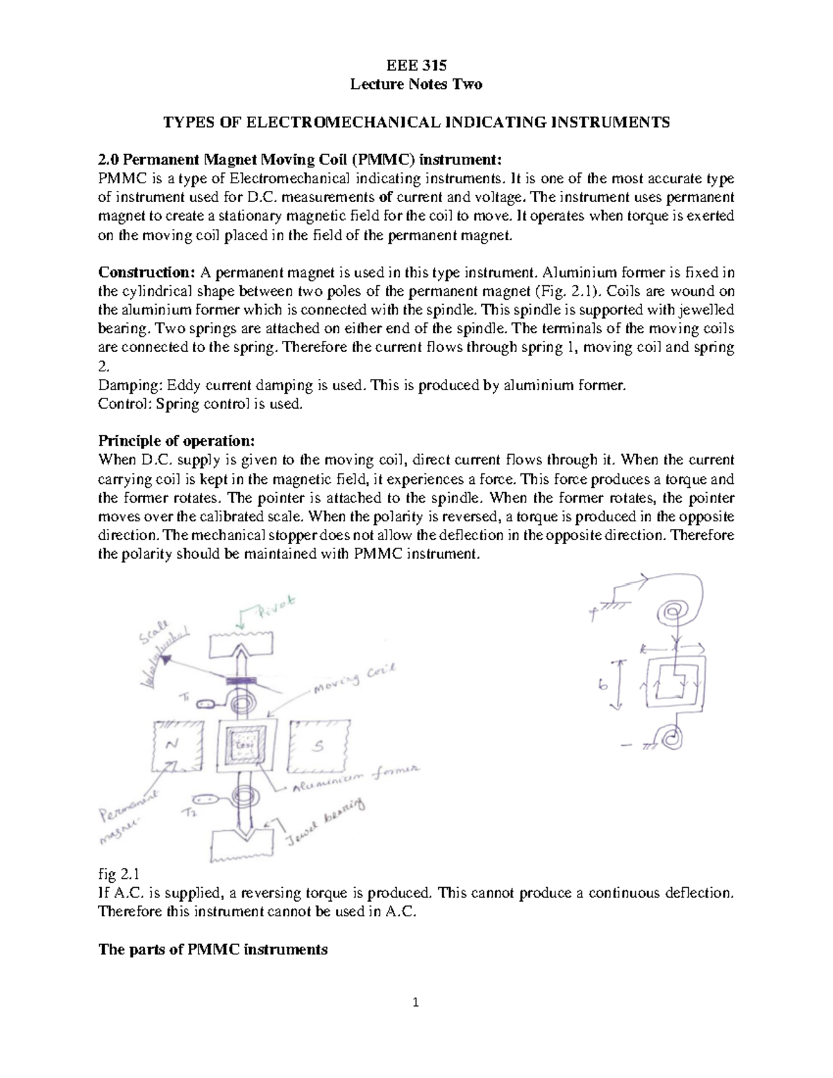 EEE 315 Lecture Notes on Electromechanical Instruments - Studocu