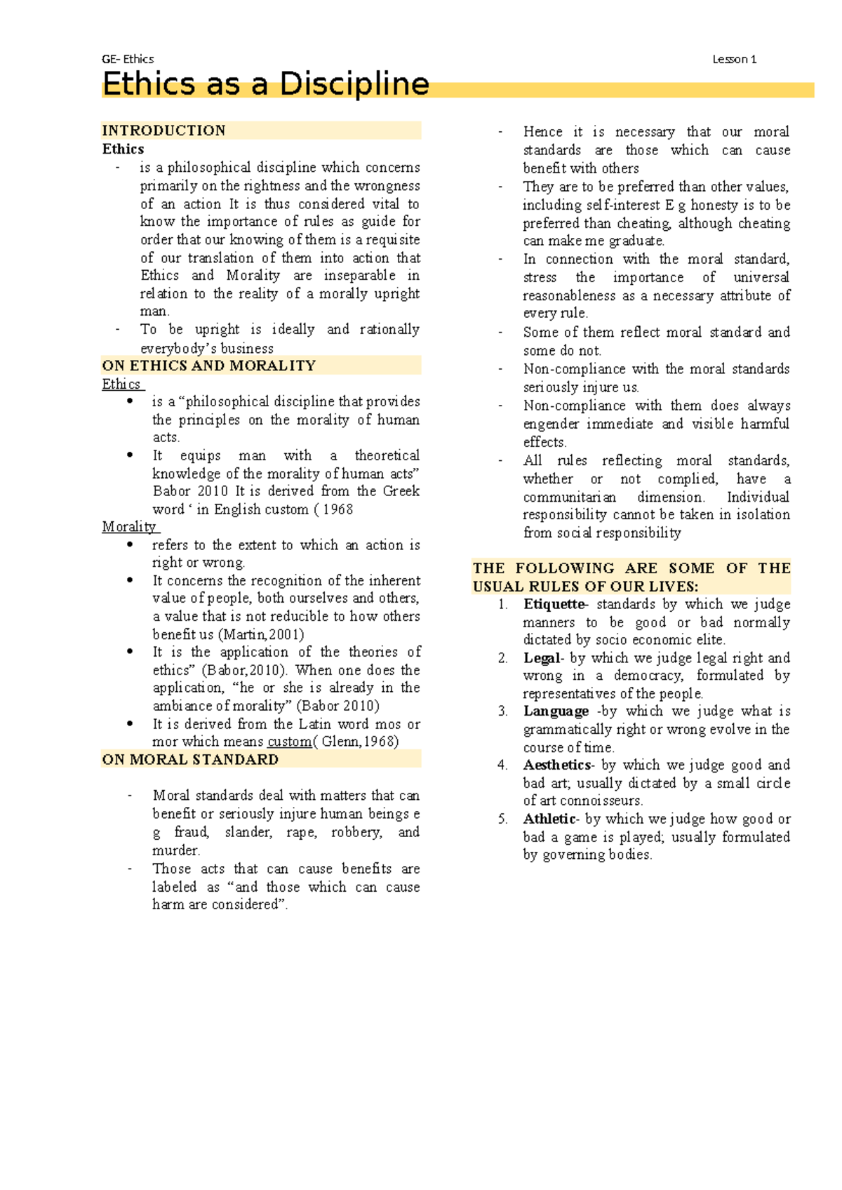 Prelim -GE- Ethics - N/A - GE- Ethics Lesson 1 Ethics as a Discipline ...