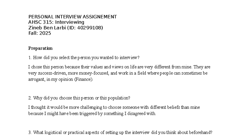 Personal Interview Assignment AHSC 315: Insights from Zineb Ben Larbi ...