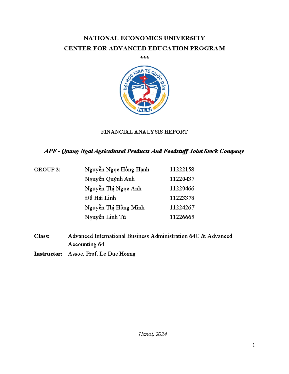 [FIN300] APF Group 3 Financial Analysis Report on APF Joint Stock ...