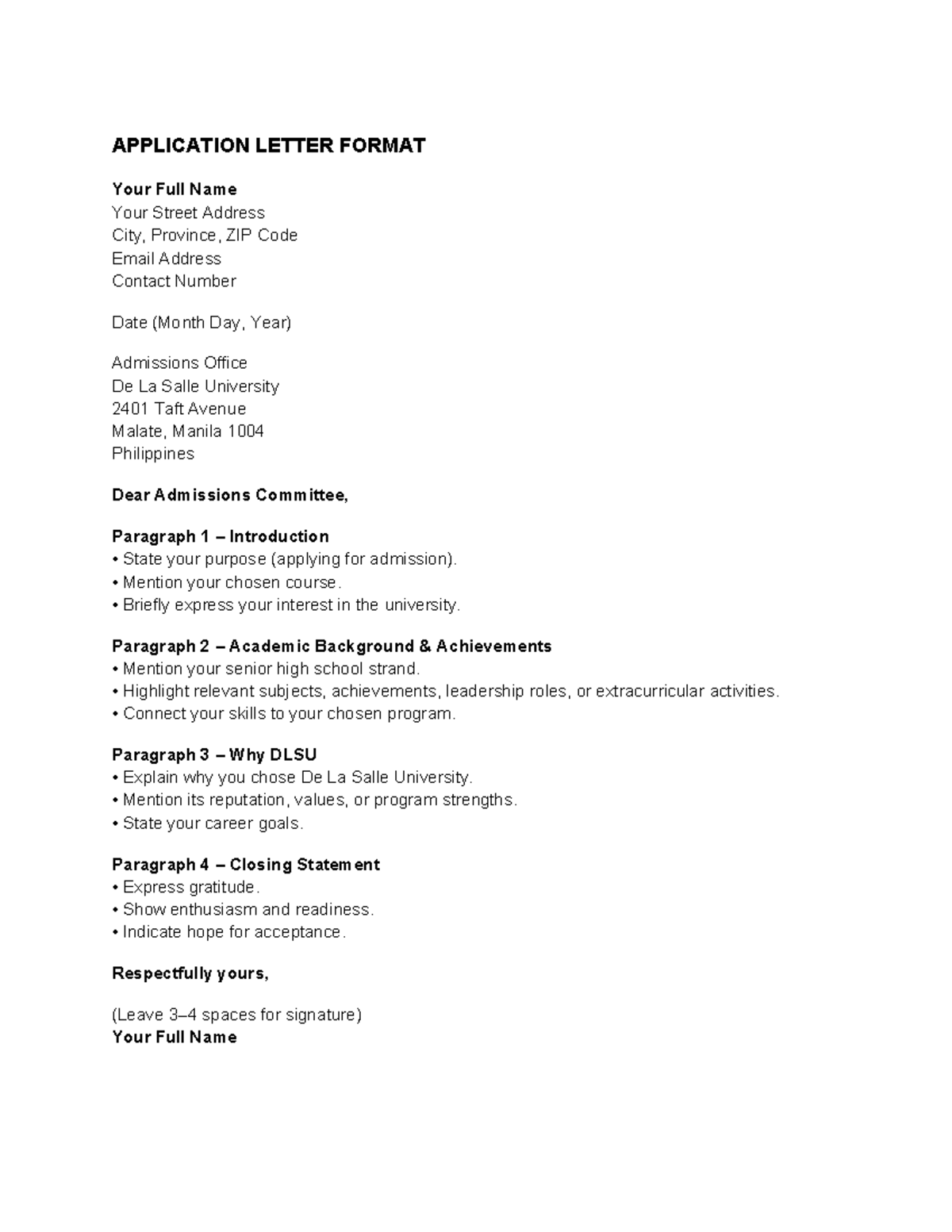 Application Letter Format for DLSU Admission - Studocu
