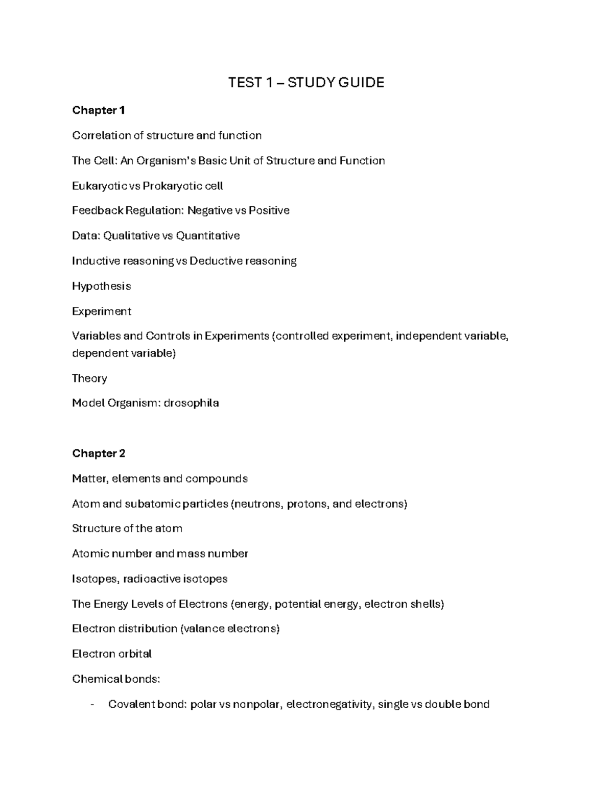 Biology 101: Test 1 Study Guide on Cell Structure & Function - Studocu
