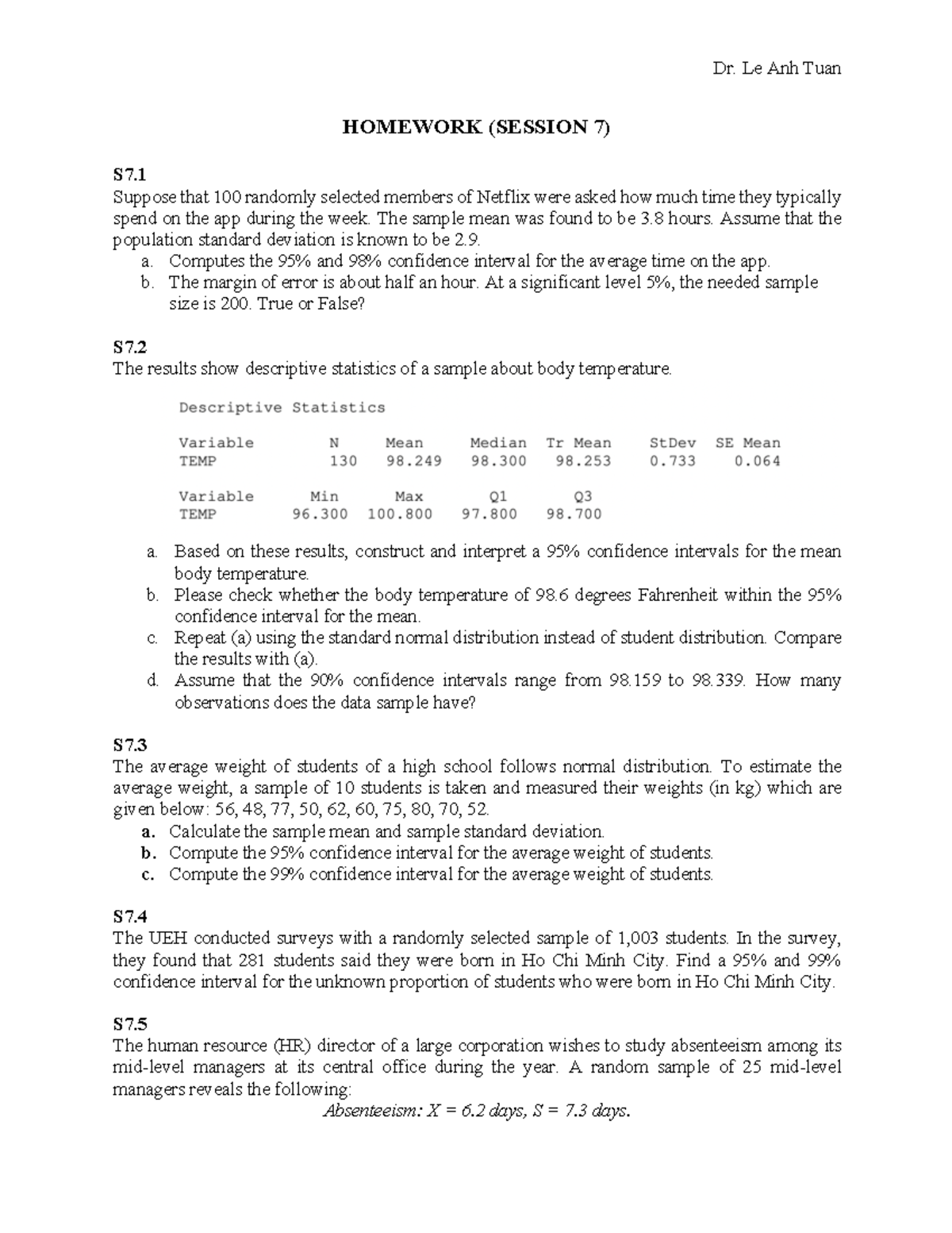 HW Session 7 - Confidence Intervals and Absenteeism Analysis - Studocu