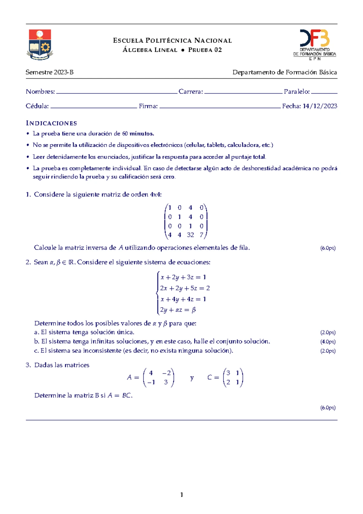 Algebra Ejercicios 202 3A (29) - ESCUELA POLITÉCNICA NACIONAL ÁLGEBRA ...