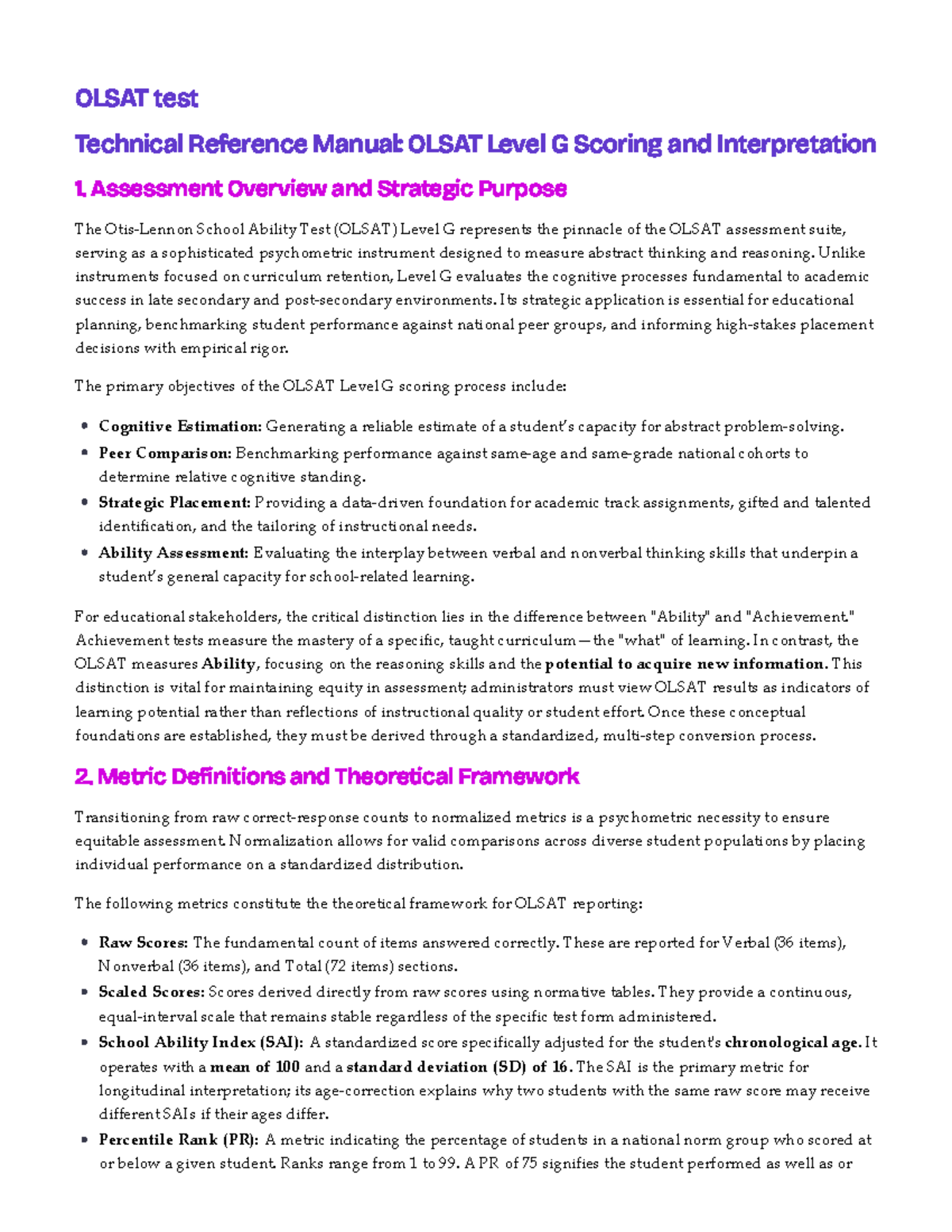 OLSAT Level G Technical Reference Manual: Scoring & Interpretation ...