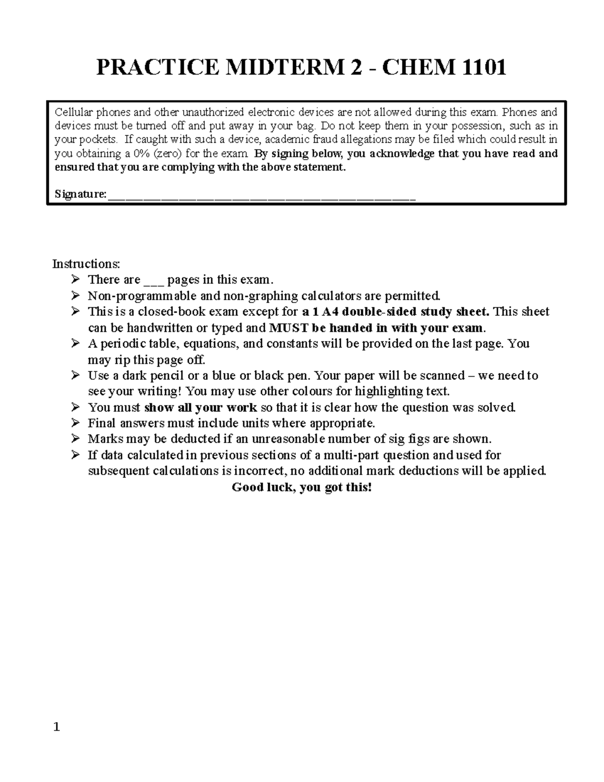 Practice Midterm 2 CHEM 1101 - Exam Instructions and Guidelines - Studocu