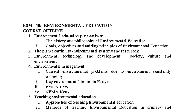 ESM 410 course outline - Needful - ESM 410: ENVIRONMENTAL EDUCATION ...