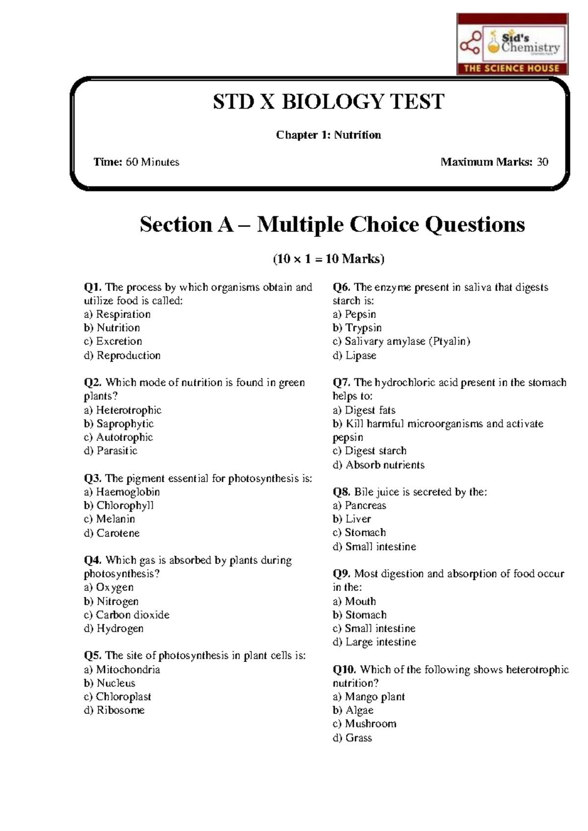 STD X BIOLOGY TEST: Chapter 1 - Nutrition MCQs - Studocu