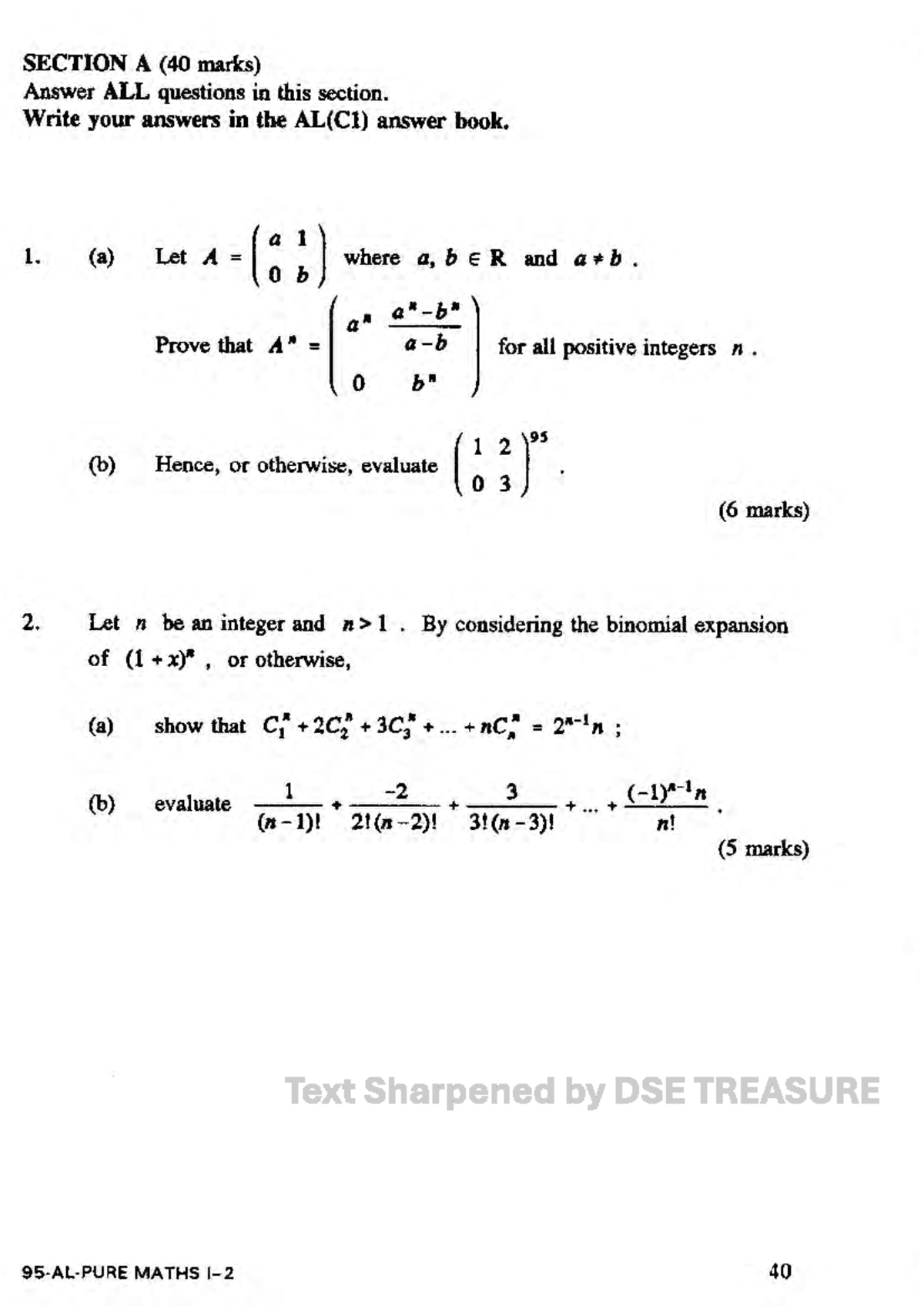 DSE TREASURE MATHS 1995 Pure Mathematics Paper II Exam Notes - Studocu