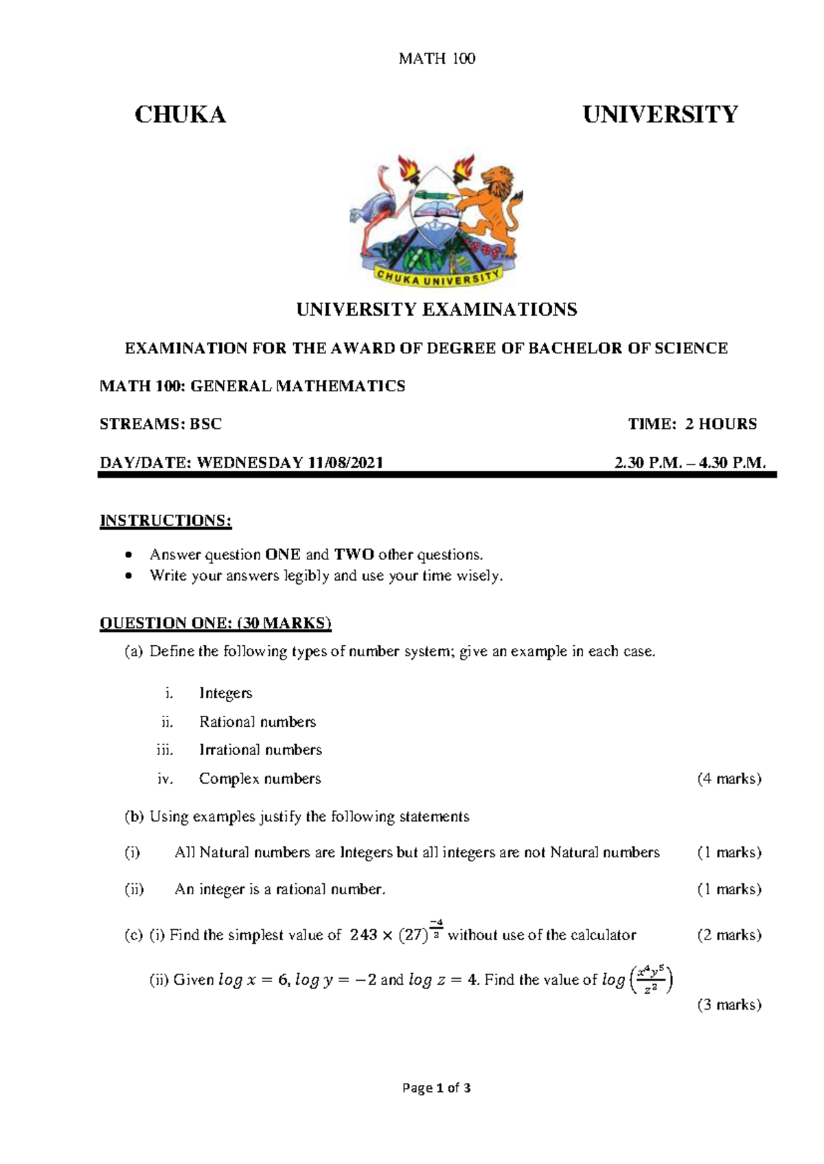 MATH100 - General Mathematics Exam Questions and Solutions - Studocu