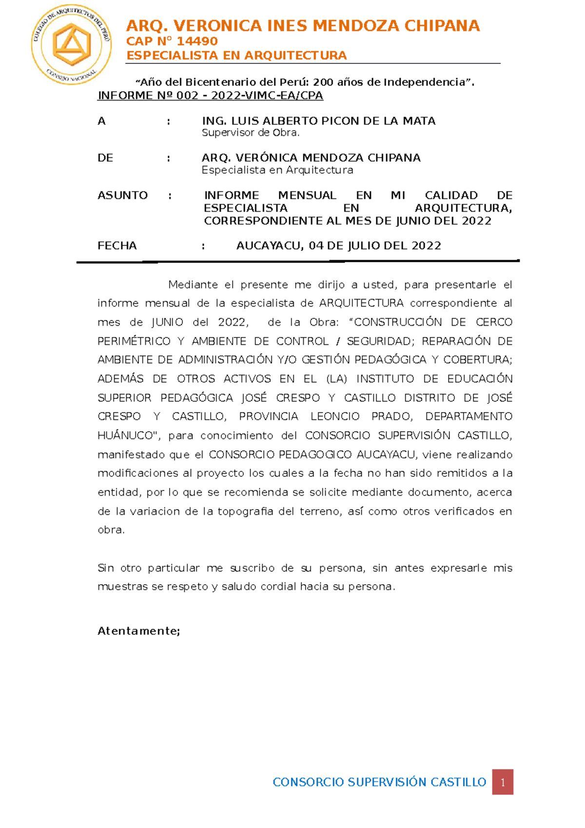 Informe Mensual N° 002 - Junio 2022 - Especialista en Arquitectura - Document Preview